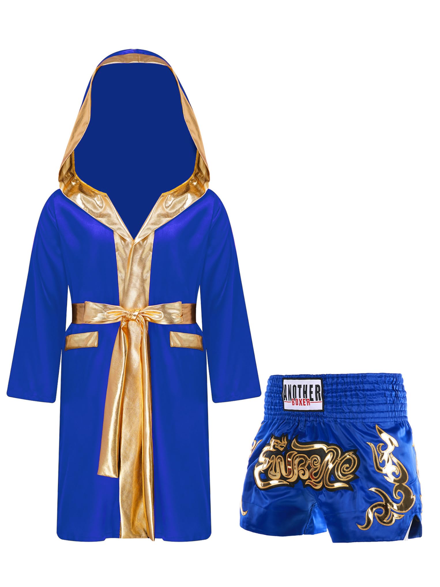Oyolan Enfant Garçon Ensemble Short de Boxe Peignoir à Capuche Tenue Muay Thai Kick Boxing Bleu royal 11-12 ans
