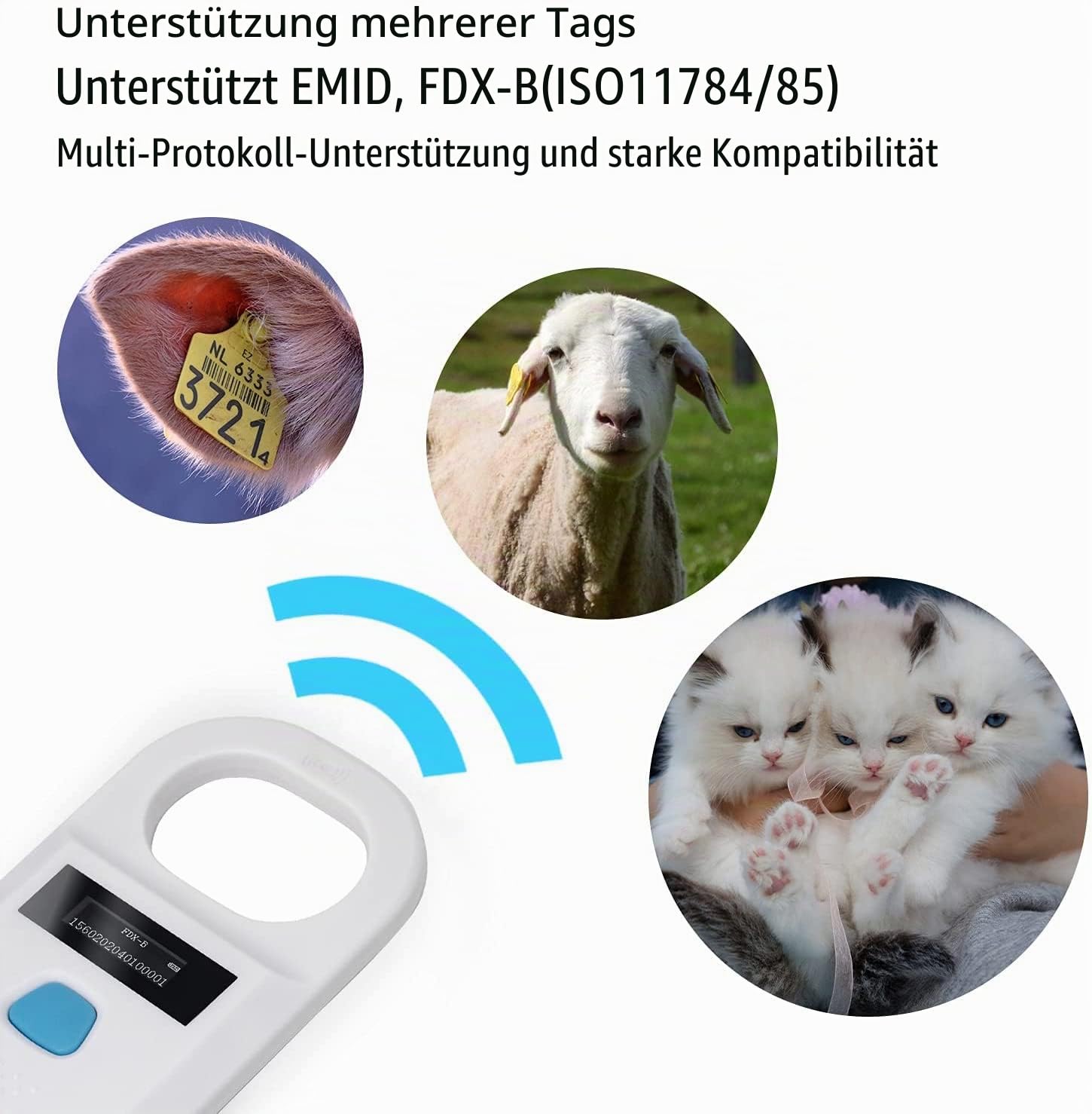 Yanzeo Haustier Mikrochip Scanner, RFID EMID Tier Handlesegerät, 134.2kHz Haustier-ID-Scanner wiederaufladbar Tier Chip Registrierung, Haustier Tag Scanner FDX-B(ISO 11784/11785)