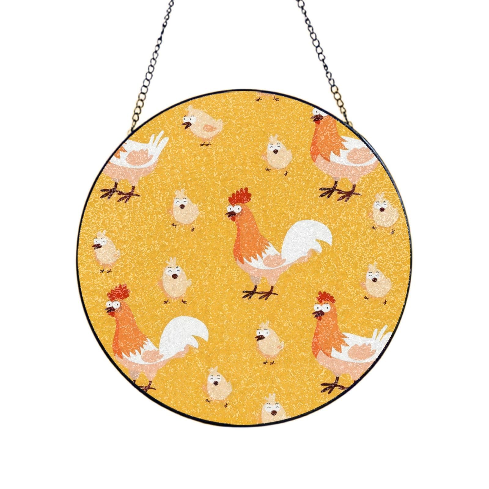 Phayah Chicken Chick Print Glass Window Hanging Round Suncatcher Glass Ornament Garden Wall Fence Decorations Indoor Outdoor 8in（20cm）