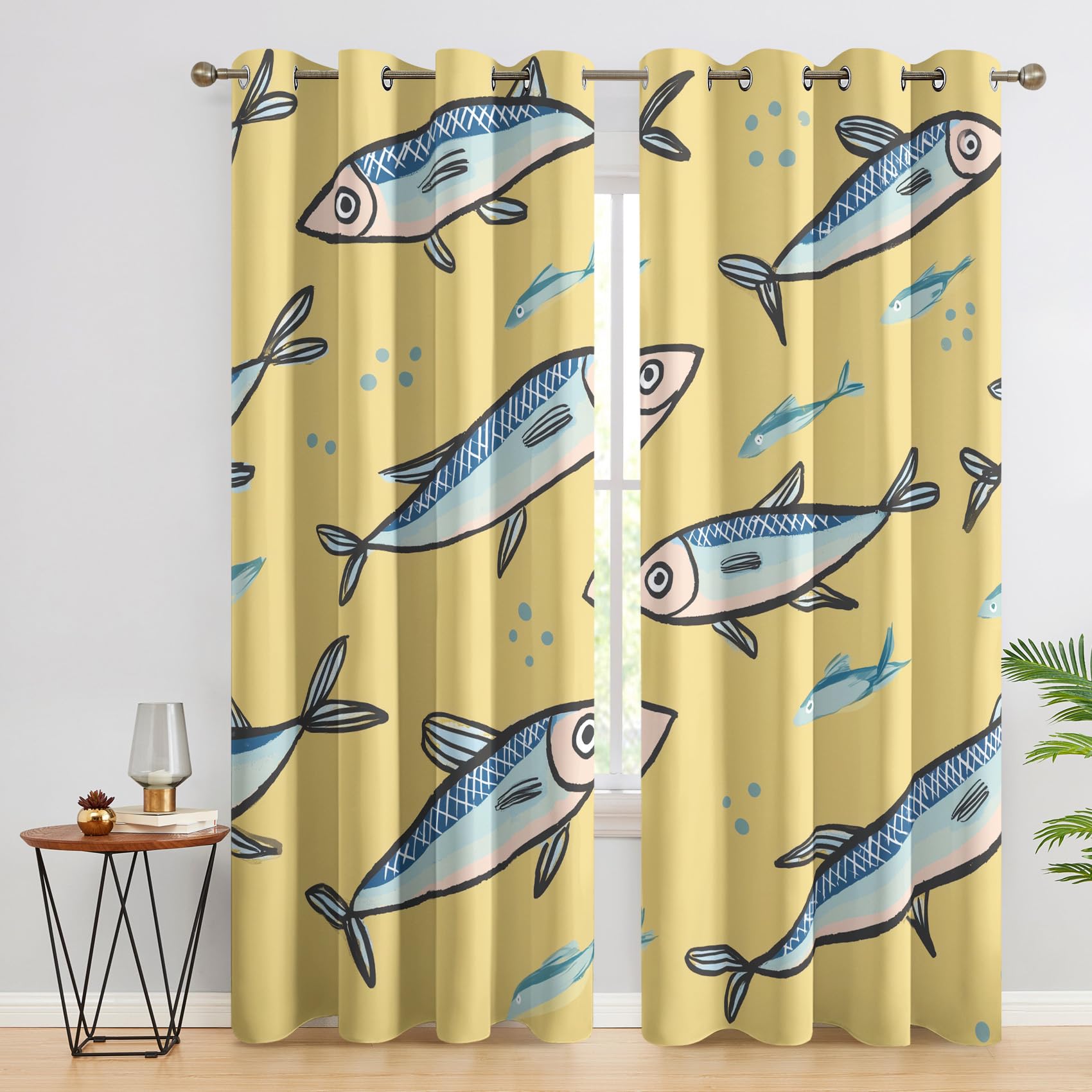 Cartoon Fish Curtains Blackout for Home Decor, Thermal Curtains Fishing Pattern, Living Room & Bedroom Eyelet Drapes 90 Inch Drop, 90x90, 2 Panels E&106