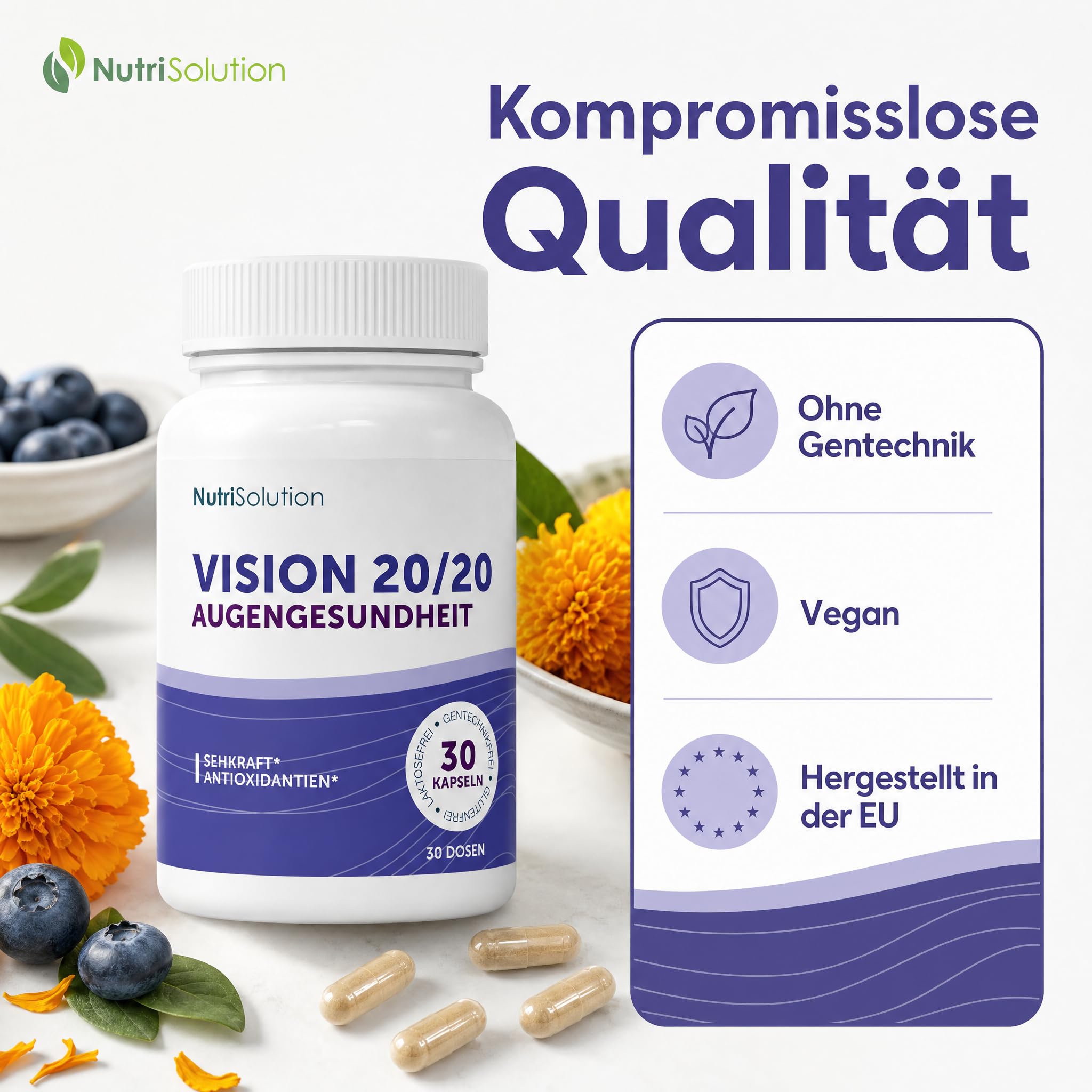 Vision 20/20: Natürliches Nahrungsergänzungsmittel für die Augengesundheit mit Heidelbeere, Lutein & Zeaxanthin – Sehschärfe & Augenermüdung – 30 vegane Kapseln (1)