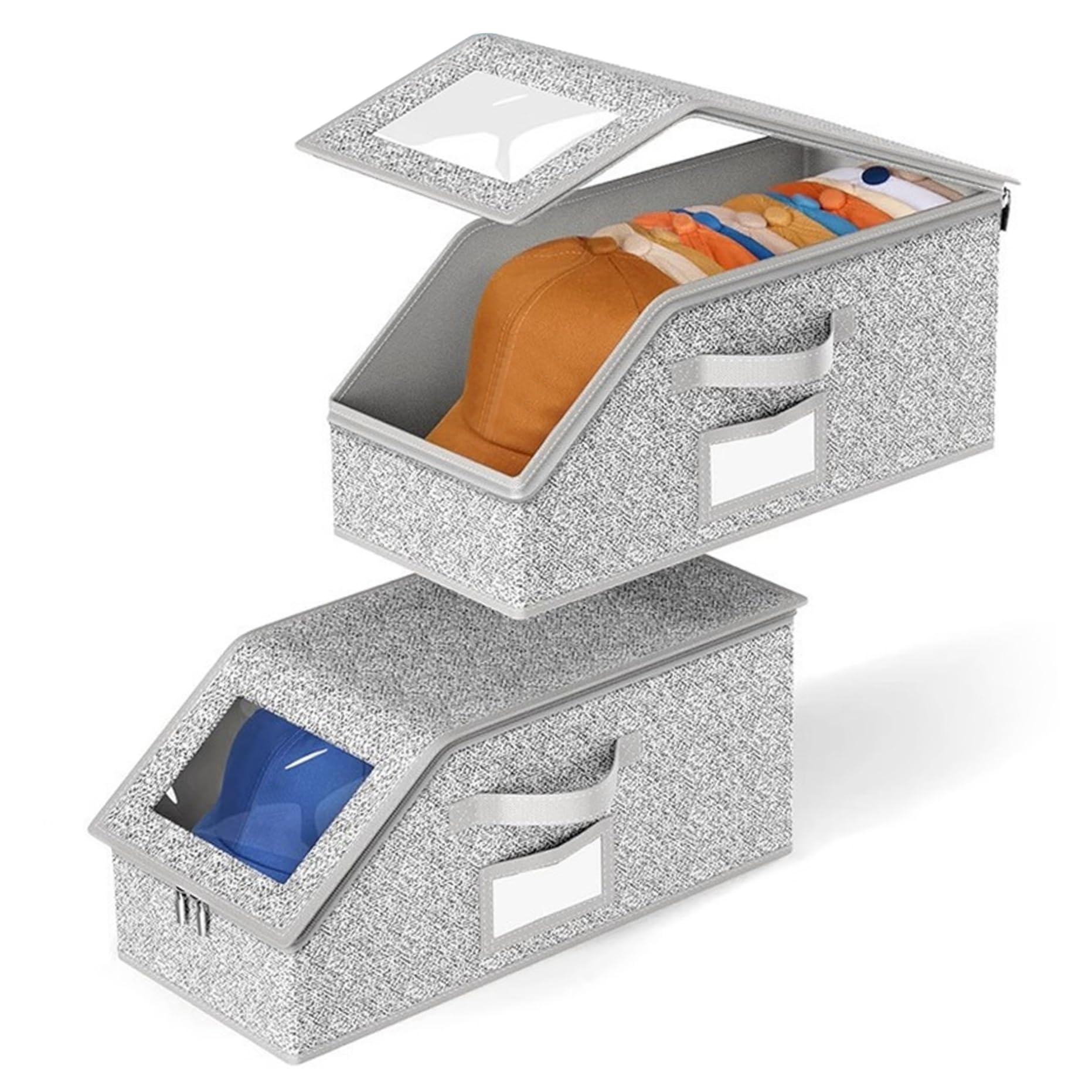 Sjfbebsy Hat Organizer Box, 2Pcs Stackable Hat Storage for Baseball Caps Holds Up To 24 Baseball Cap Organizer with Visible Window and Handle for Closet, Storage for Caps