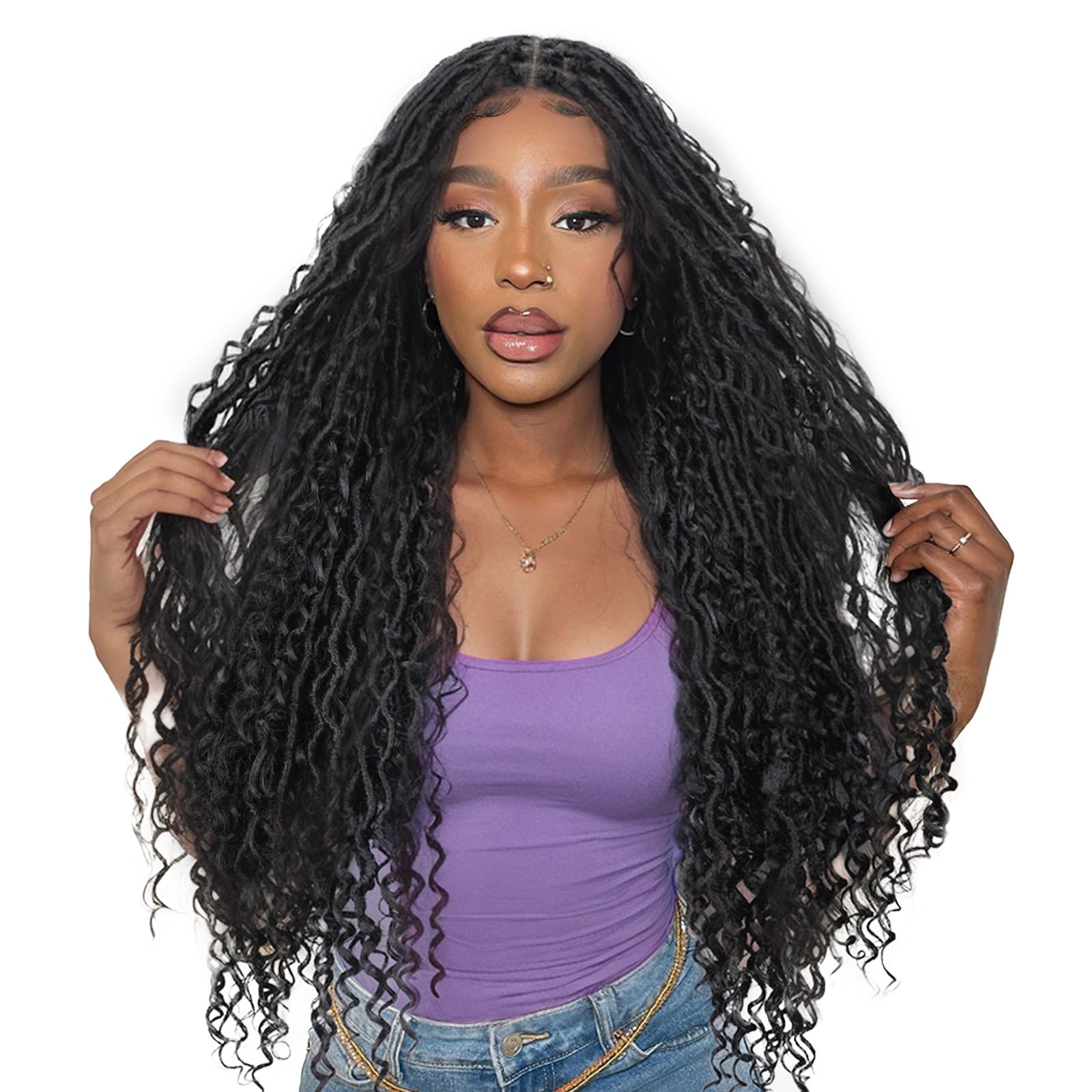 HANNE Full Lace Faux Loc Wigs 30 Inch Curly Goddess Braids Wig Knotless Braided Wigs for Black Women Twist Synthetic Lace Front Wig Dreadlock Wigs with Baby Hair