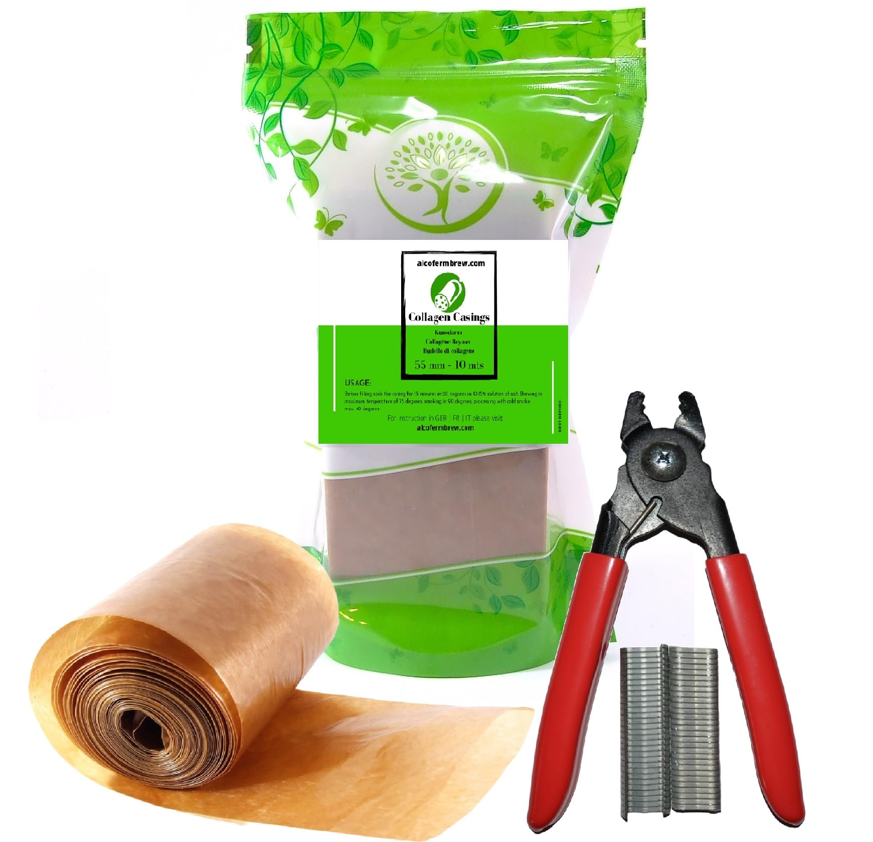 Kunstdarm 55mm/10mts + Wurstclipper + 60 clips - Wursthülle, Kollagenhülle für Wurst