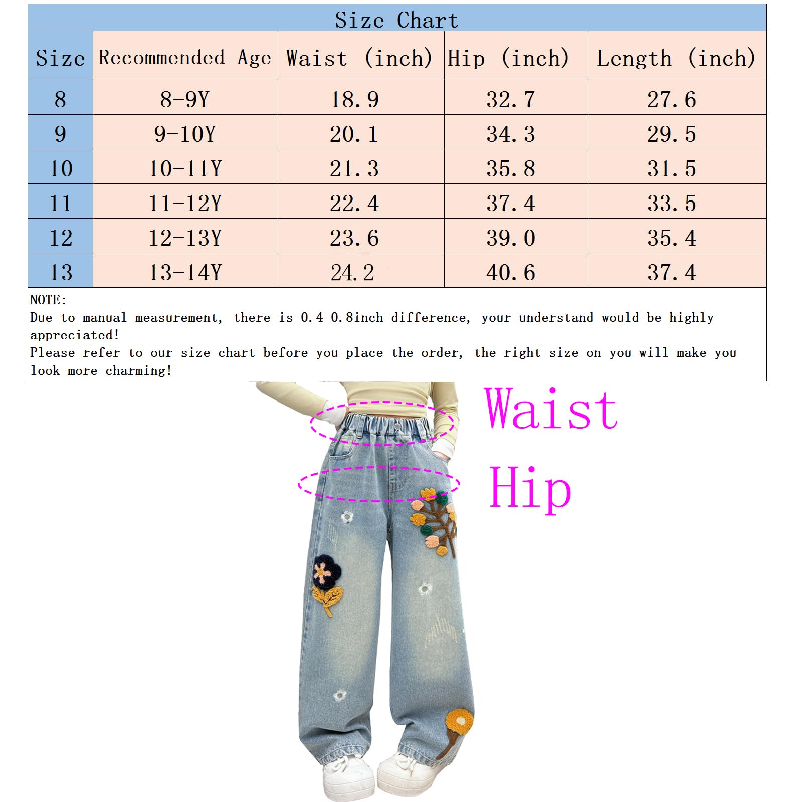 HBER Jeans holgados de pierna recta para niña, estilo casual, Y2K, bonitos pantalones de mezclilla bordados con cintura elástica para niños, adolescentes y niñas