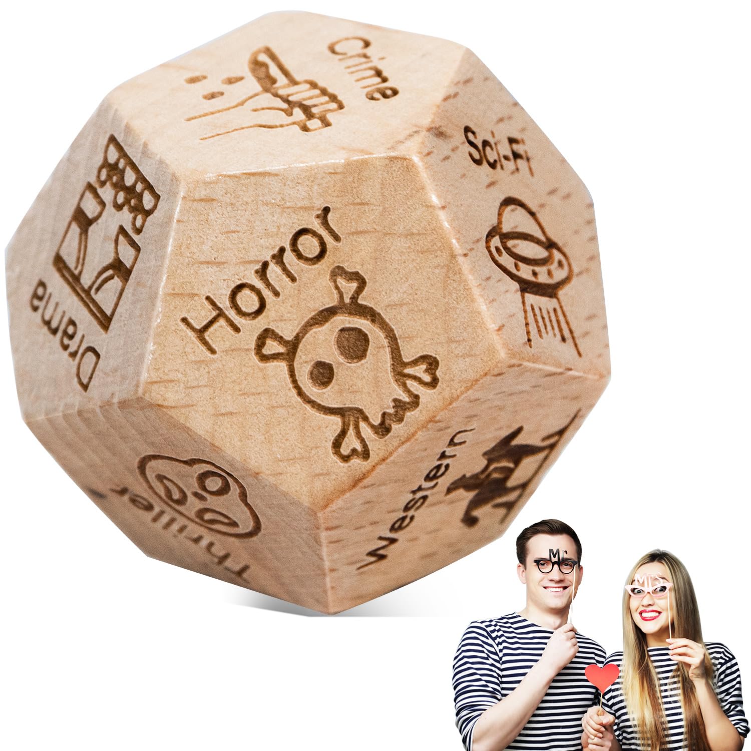 Date Night Dice for Couples, Decision Dice Games Gift Idea, Wooden Dice Gift for Boyfriend, Girlfriend, Wife, Husband, for Christmas, Birthdays, and Valentines Day, Unique 12-Sided Design