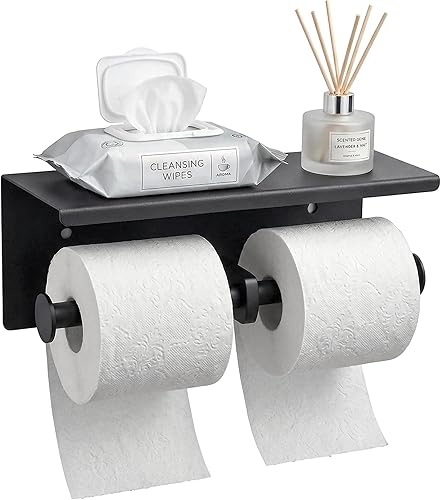 Soporte de papel higiénico doble - Estante de rollo de papel higiénico de acero inoxidable con estante de almacenamiento