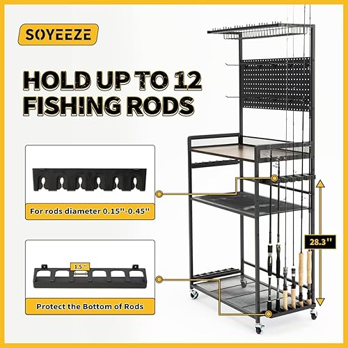 Miniatura 5 de SOYEEZE Large Size Fishing Rod Holders for Garage, Heavy Duty 4-Tier Fishing Pole Rack Holds up to 12 Rods with Pegboard and Hooks, Fishing Gear