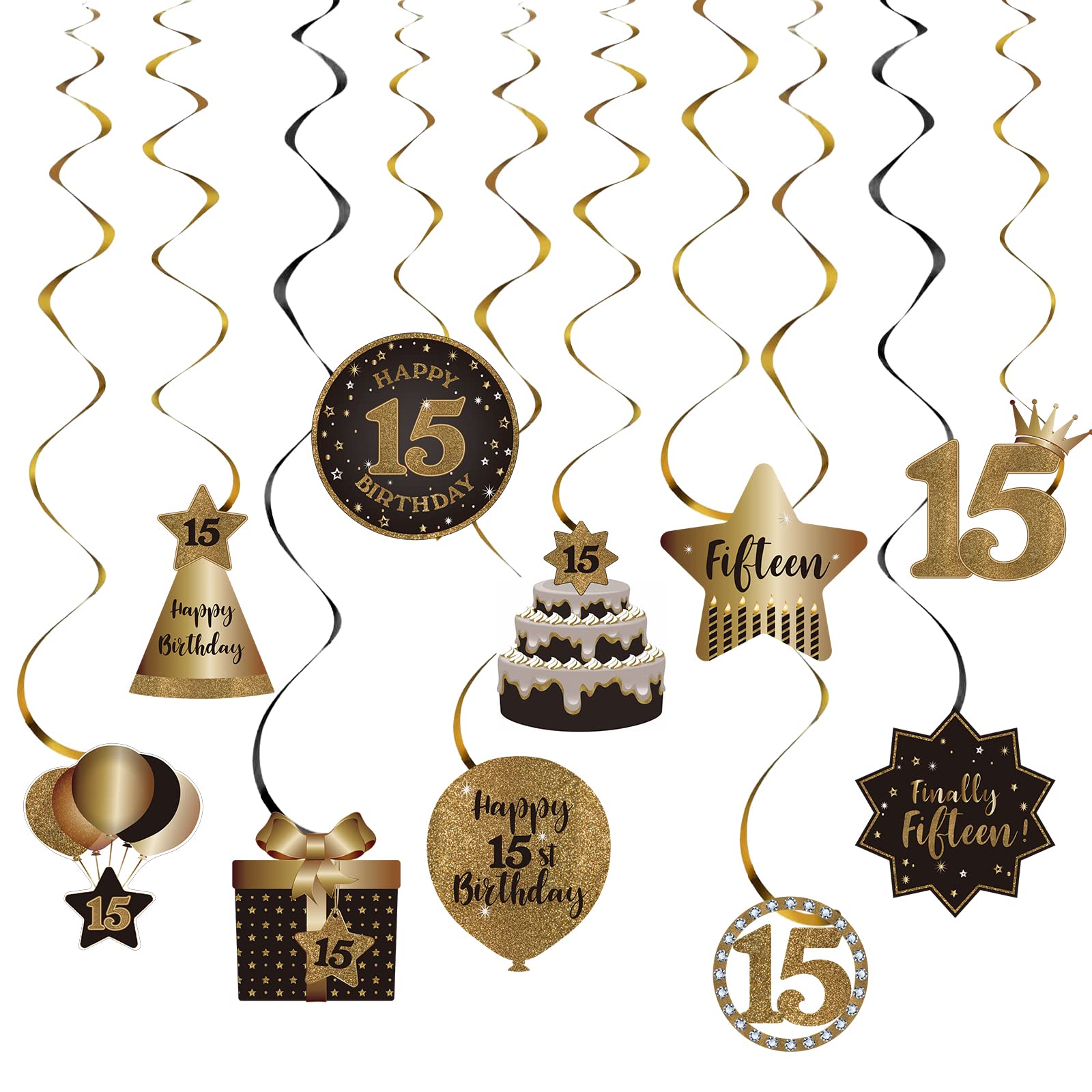 Happy 15th Birthday Hanging Swirls Streams Ceiling Decorations, Celebration 15 Foil Hanging Swirls with Cutouts for 15 Years Old Black and Gold