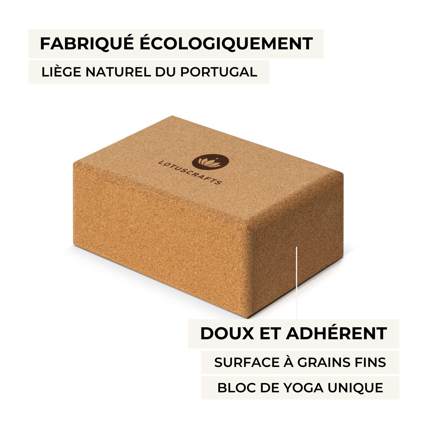 LOTUSCRAFTS Bloc de yoga en liège Supra Grip, brique à l'unité ou lot de 2, fabriqué écologiquement au Portugal, pour le et le pilates, yoga block pur débutants et avancés
