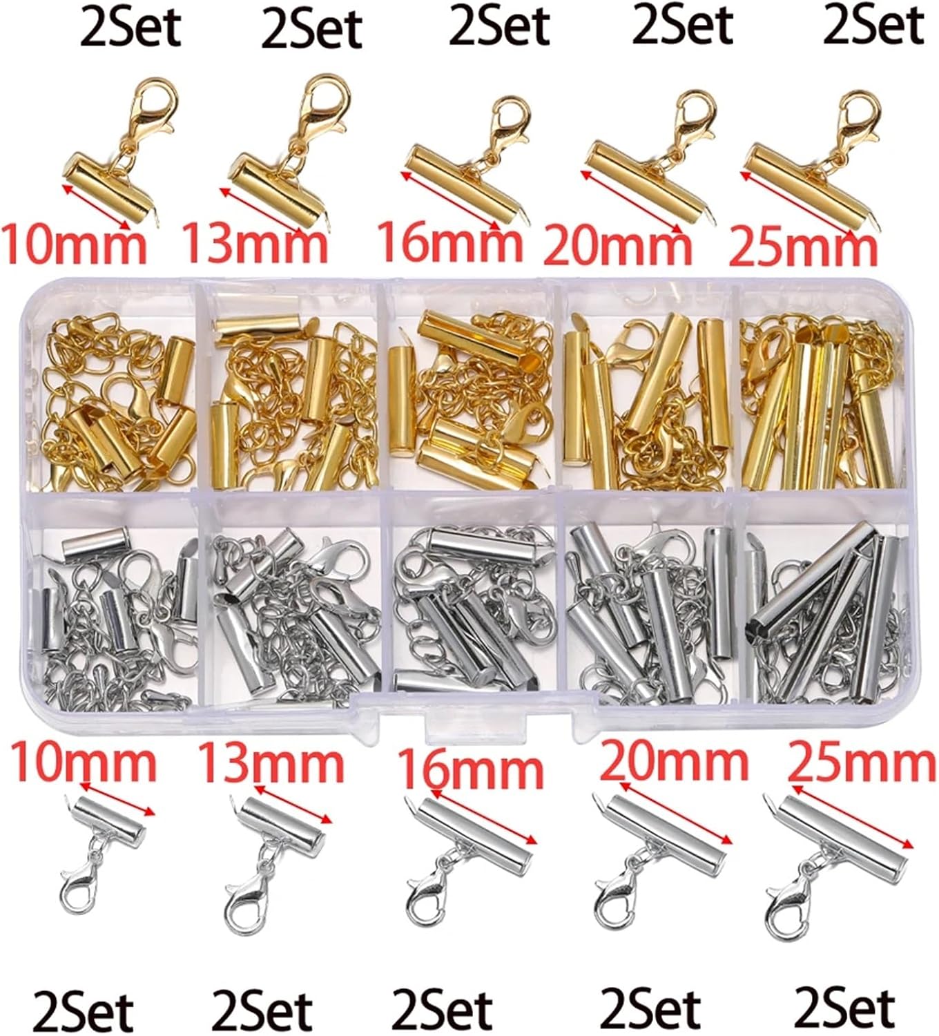 Multi Necklace Clasp 6Box 10-25mm Lobster Clasps Hooks Bracelet End Connector Slider Clasp Extending Chain Kits for DIY Jewelry Making Supplies 20Sets/Box
