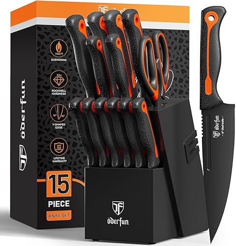 Juego de 15 cuchillos de cocina aptos para lavavajillas, acero inoxidable de alto carbono, juego de cuchillos afilados con afilador, asas