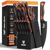 Knife Block Set -15 PCS Dishwasher Safe Kitchen Knife Set, High Carbon Stainless Steel, Razor-Sharp knives set with sharpener, Non-Slip Handles, Elegant Box for Christmas,Black