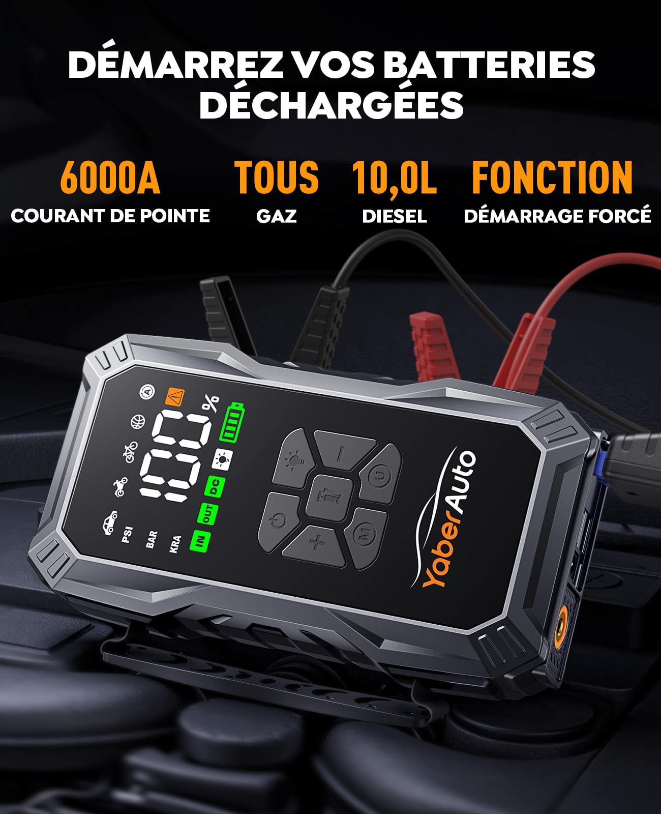 Booster Batterie Voiture avec Compresseur D’Air 150PSI, 6000A YaberAuto Booster Batterie Voiture Puissant (Tous Gaz/Diesel 10L) Démarreur avec Charge Rapide 18W, DC 150W LED 4 Modes 3,3 Grand Écran