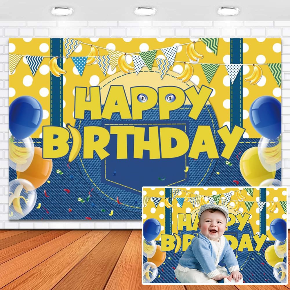 Leowefowa 7x5ft Vinyl Yellow Jeans Happy Birthday Backdrop Blue Ballons Photography Background Baby Shower Birthday Party Decorations Boys 1st 2nd 3rd