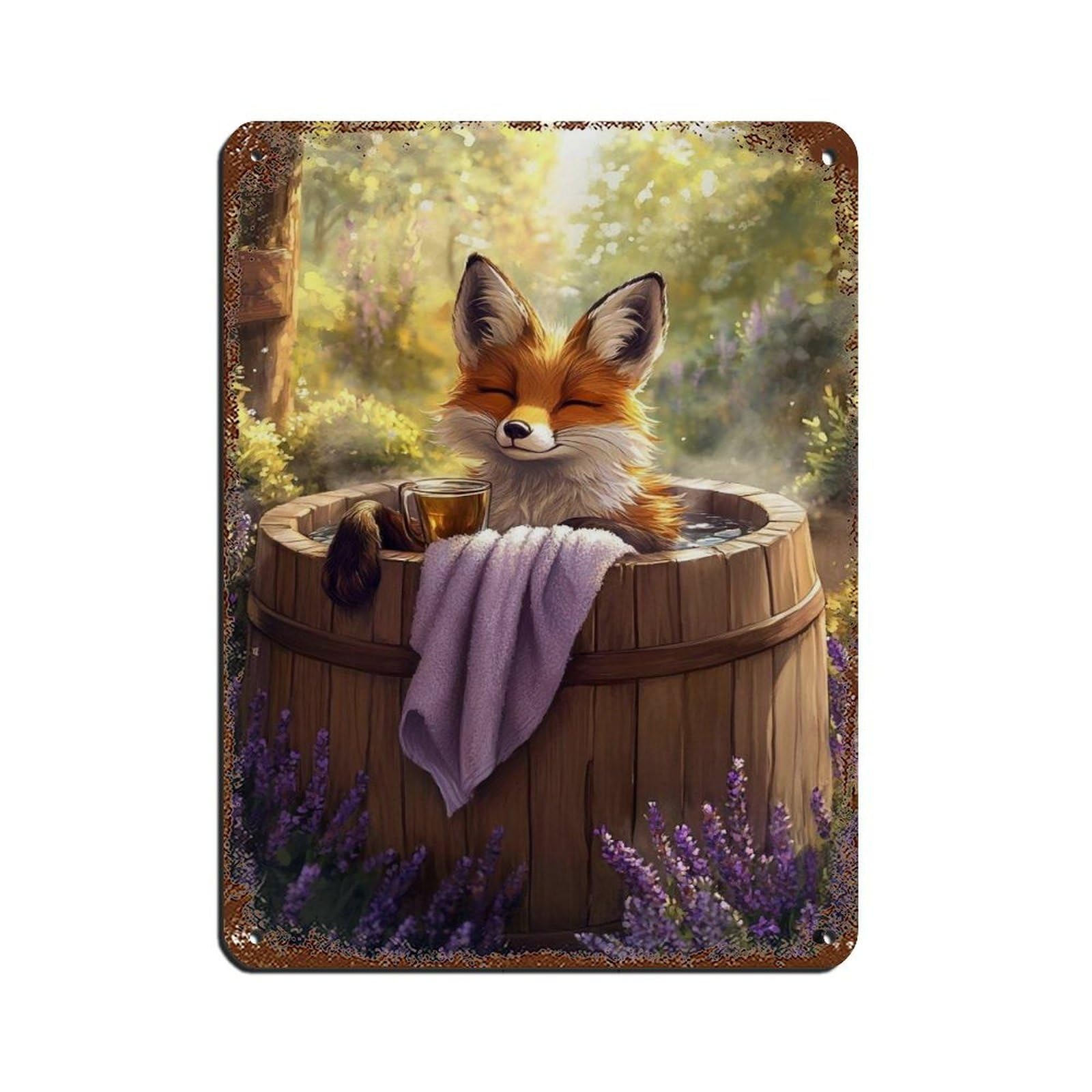 Fox in Tub, Cute Animal Retro Poster Metal Tin Sign Chic Art Retro Iron Painting Bar People Cave Cafe Family Garage Poster Wall Decoration 12x16inch(30x40cm)