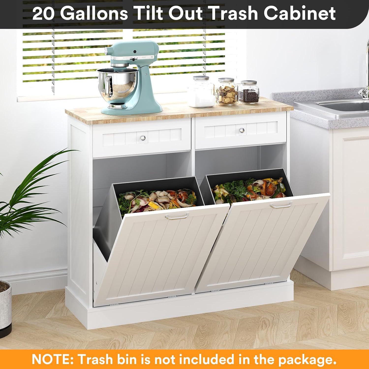 Annzoe Gabinete De Basura Doble Para Cocina, Armario De Basura De Doble Inclinación Con Dos Cajones De Madera Escondidos Para Basura, Basurero De Madera De Pie Para Cocina, Armario De Reciclaje