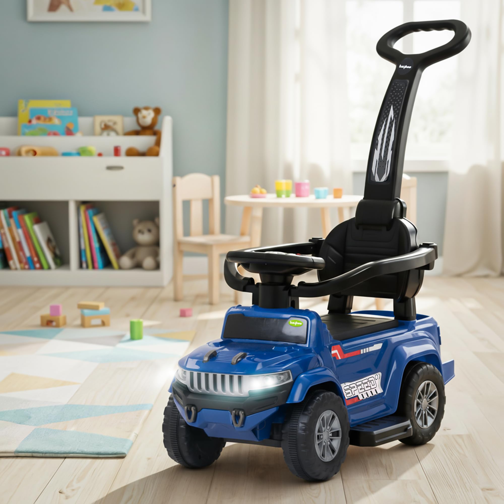 Baybee Speedy Pro Ride on Cars for Kids | Portable Baby Push Rideons with Parental Handle & Safety Guardrail | Kids Car with LED Lights, Music & Backrest | Ride on Car for Baby 1-3 Years (Blue)-image-2