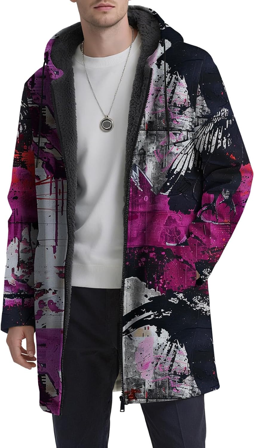 Mens Graffiti Printed Cardigan Hoodies Full Zip Up Long Sherpa Coat Fashion Casual Fleece Lined Jackets with Pockets