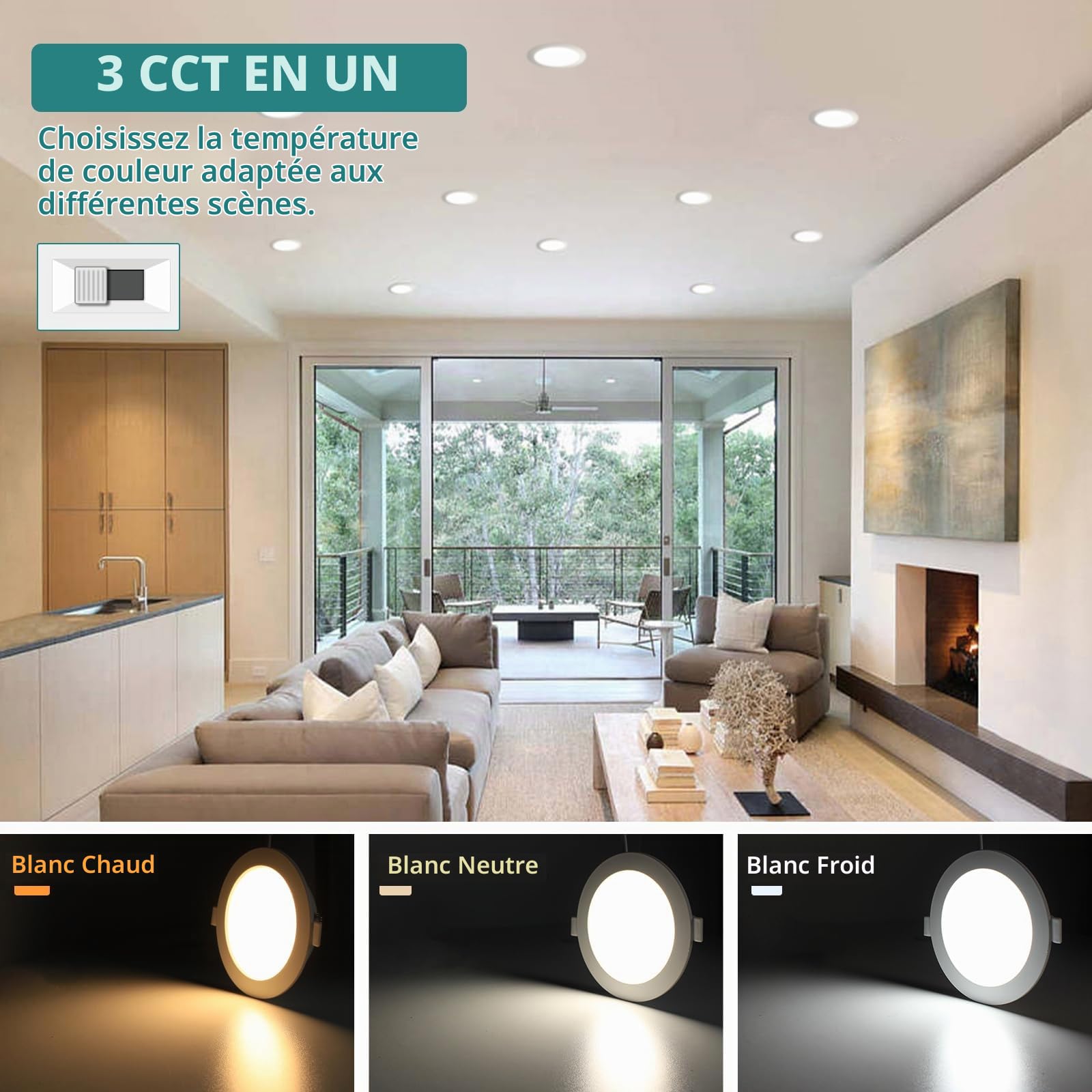 Spot Led Encastrable 230V 9W 3CCT Spots de plafond 3000K 4500K 6000K Spot Encastré Extra Plat 720LM Pour Cuisine Salon Couloir, Lot de 6, Rond Blanc Trou Ø95-110mm