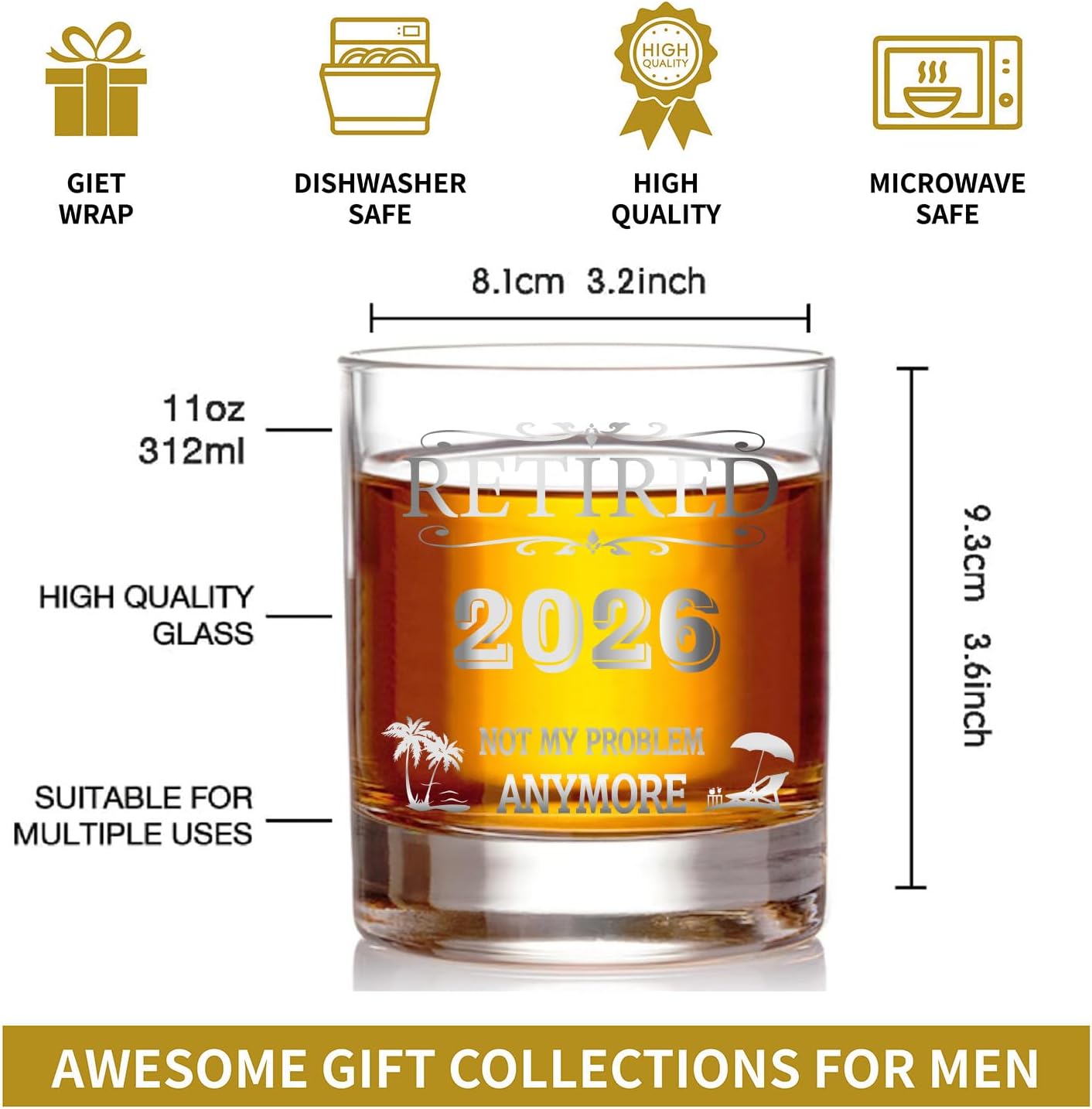 Funny Retirement Whiskey Glass for Men - Personalized Engraved Gift for Him, Boss, Coworker | 'Retired 2026 Not My Problem Anymore' Farewell Present for Whiskey Lovers -7 - Image 4