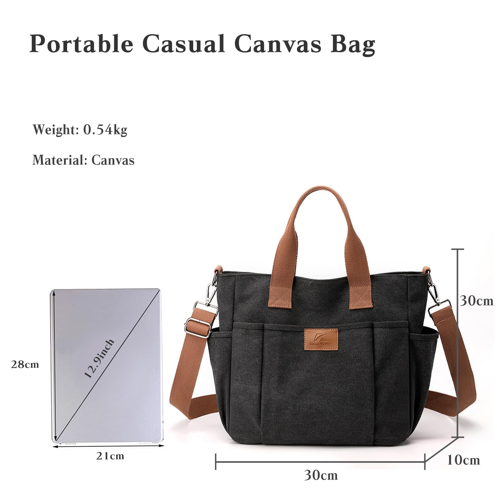 CORIOS Canvas Schultertasche Damen Handtasche Große Kapazität Umhängetasche Casual Henkeltaschen Multifunktionale Tote Beutel Tragetasche für Shopper Arbeit Reise Schwarz