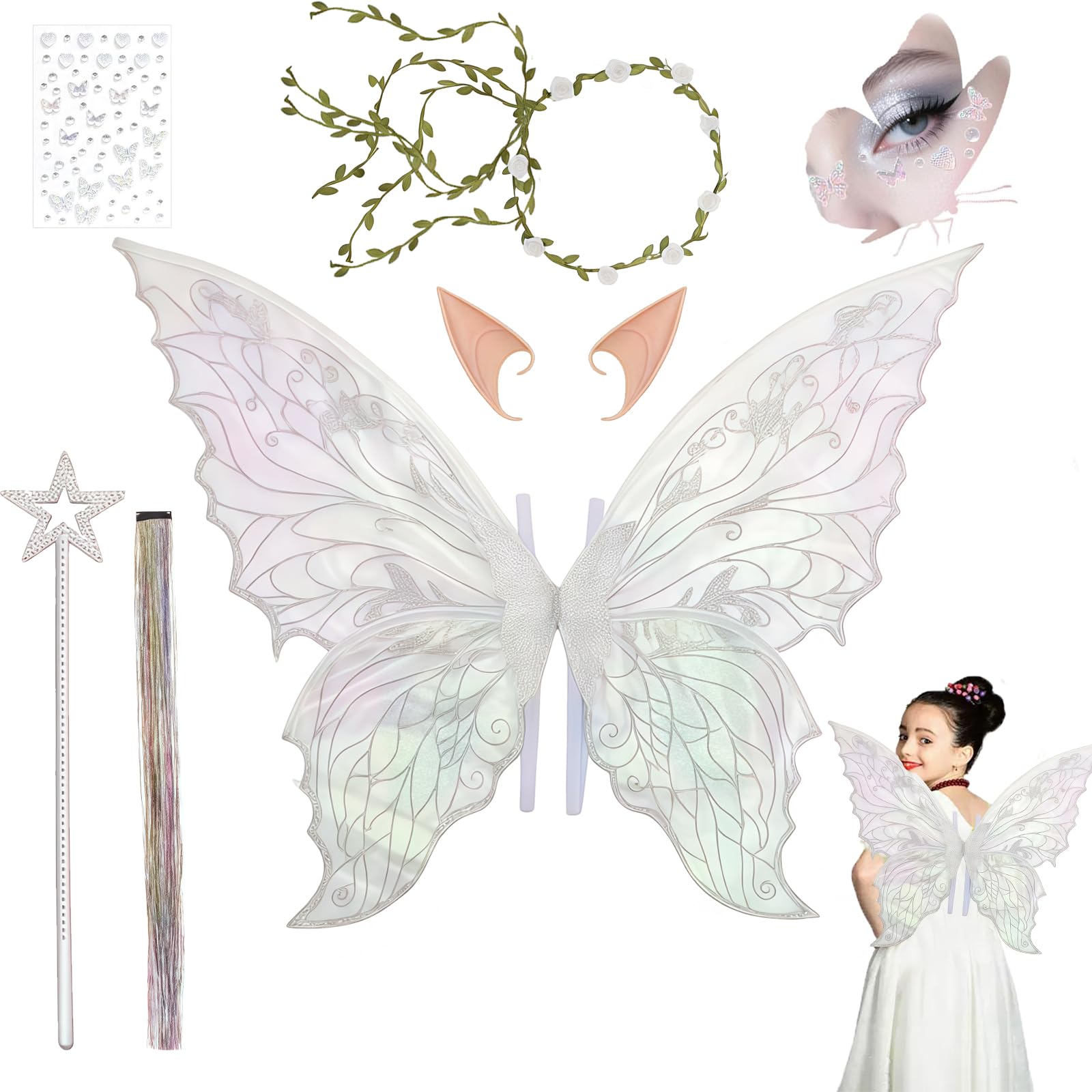Alas Hadas Mariposa,Alas de Hada para Niñas y Adultos,con Guirnalda,Orejas de Elfo,Varita de Hada,Alas de Ángel para Mujeres para Halloween,Cumpleaños,Carnaval,Cosplay,Fiesta Temática（Blanco）