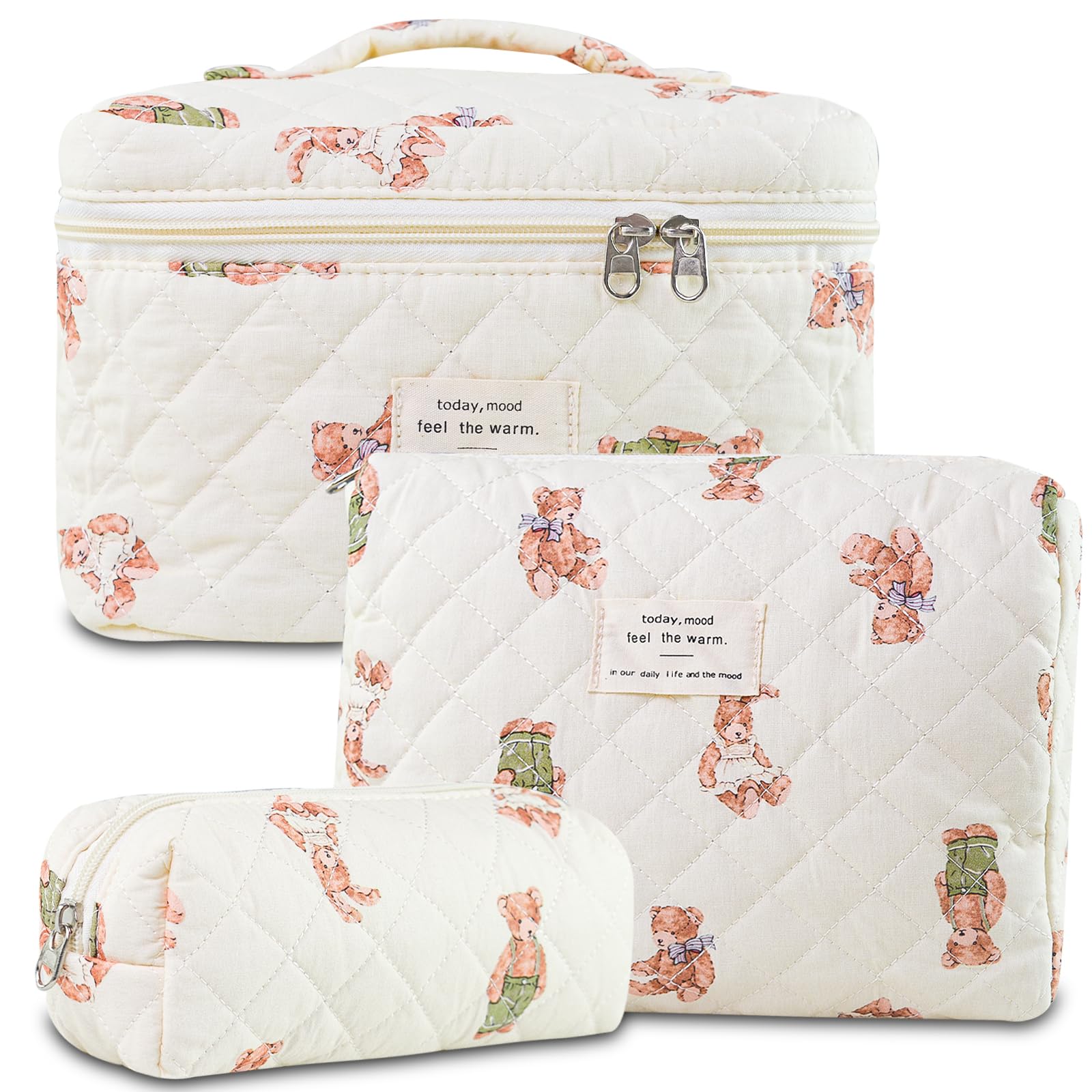 YRWE 3Pcs Quilted Makeup Bag Set, Cute Floral Cotton Cosmetic Bag, Coquette Bow Make up Bag Large Travel Toiletry Bag