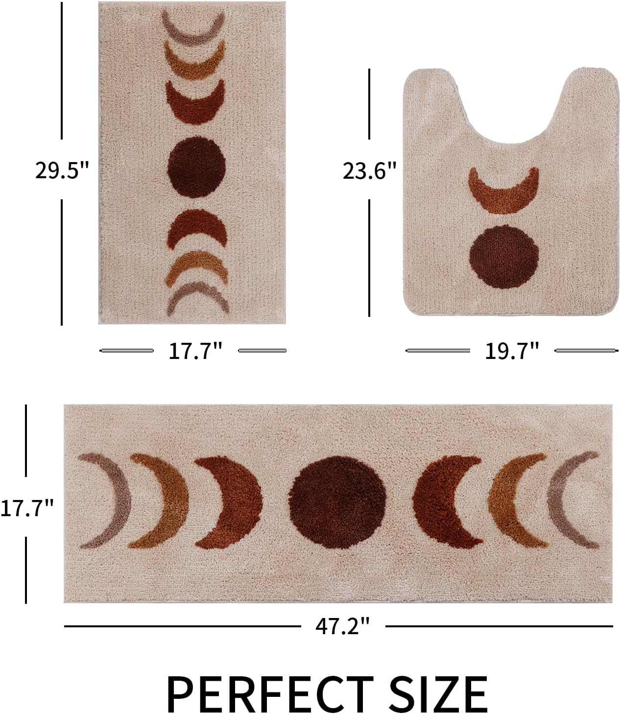 Schweek Boho Bathroom Rugs Sets 3 Piece, Non-Slip Absorbent Moon Phases Bath Mats, Microfiber Bath Rug with Toilet Mats U-Shaped Washable Boho Area Rug Carpet