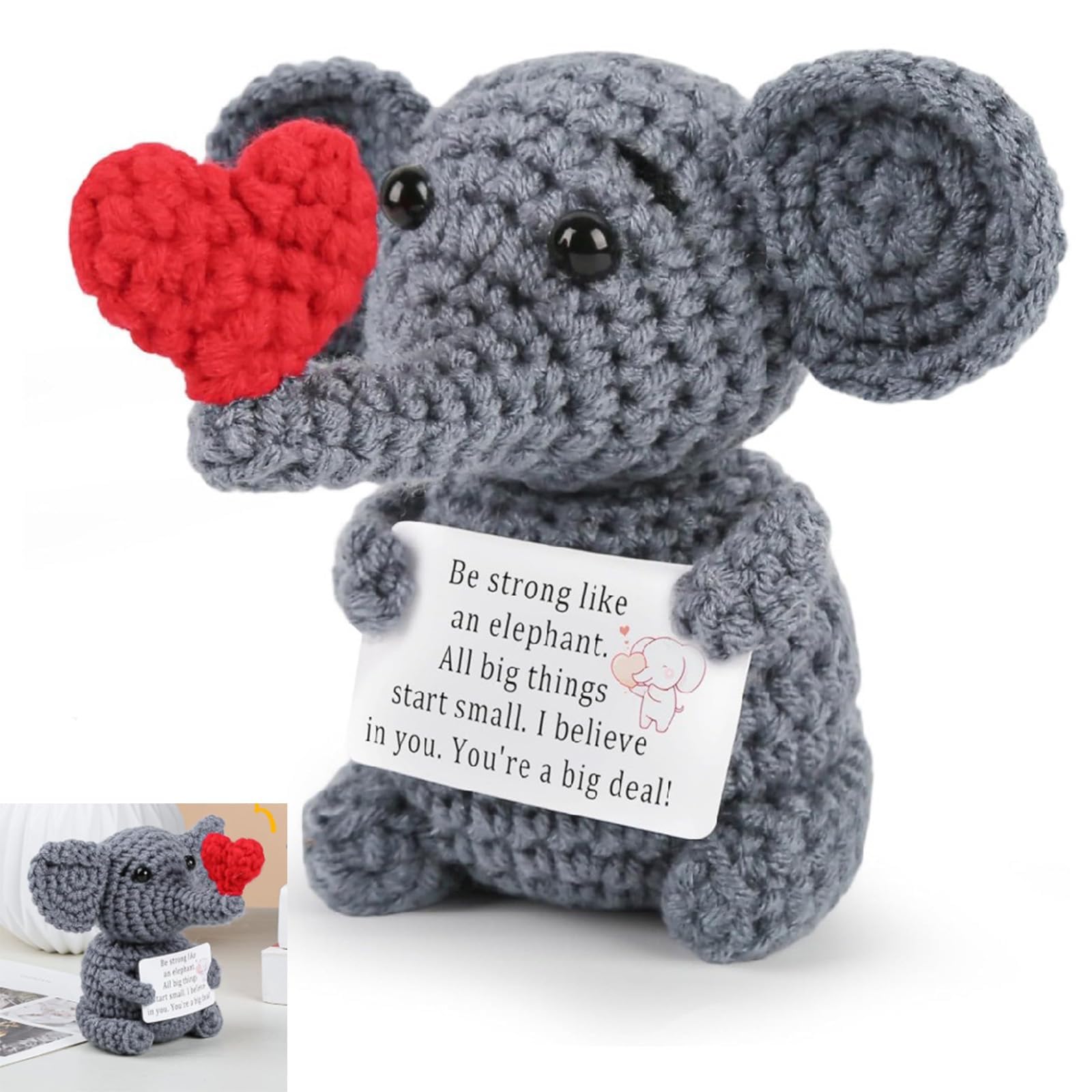 QhgPnt Emotional Support Crochet Elephant Gifts for Men and Women, Positive Crochet Animals for Desk and Car Decoration, Good Luck Gifts for Graduation and Celebrations