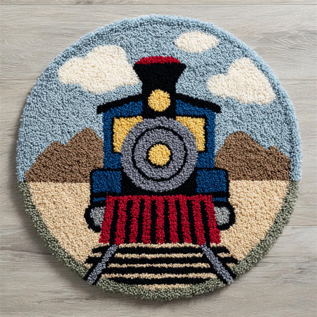 Rqwybcaxn DIY Latch Hook Rug Kit for Teens Embroidery Kit Vintage Train 80x80cm Round Tapestry with Crochet Hook Study Craft Gift
