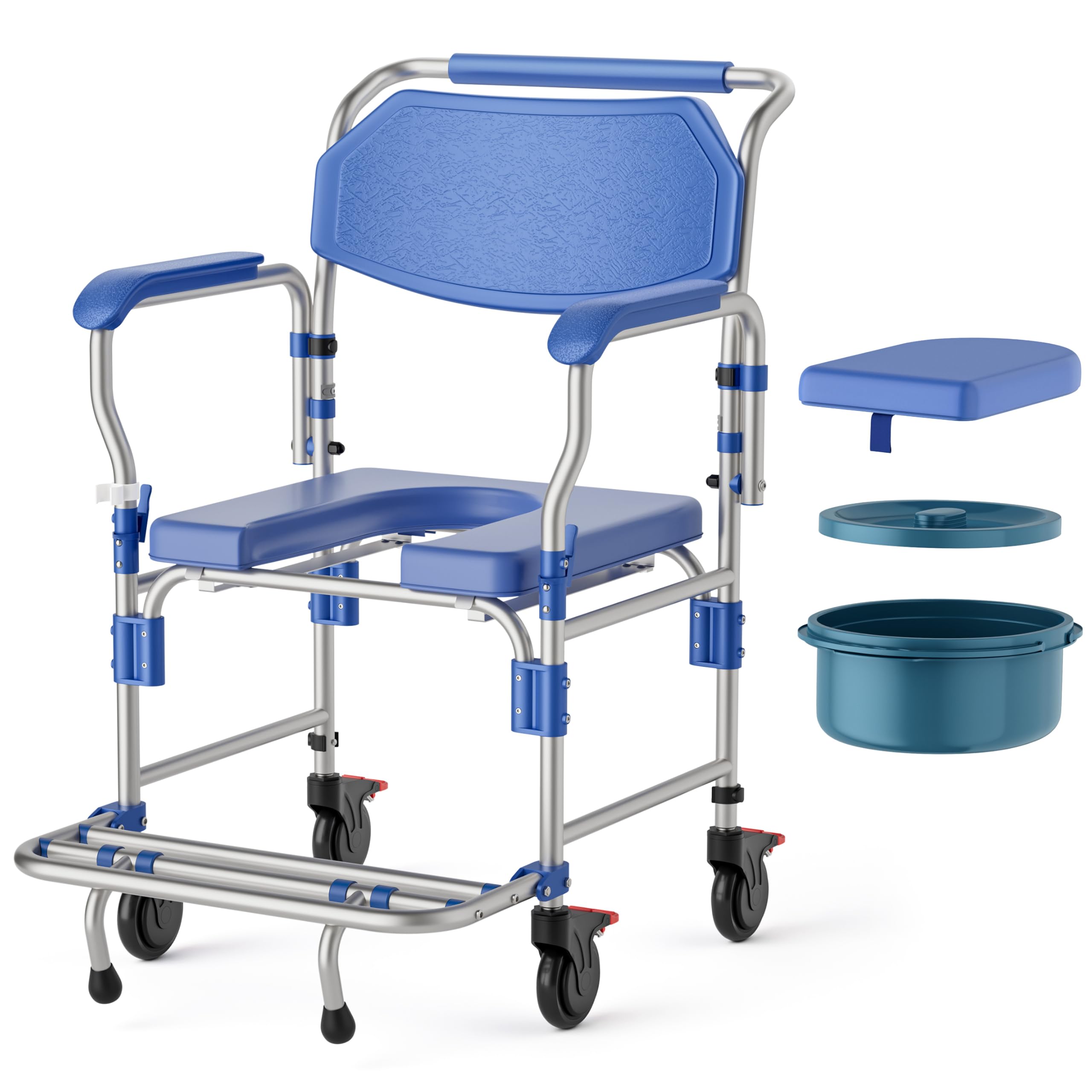 4-in-1 Bedside Commode Wheelchair with Drop Arms &amp; Lockable Casters