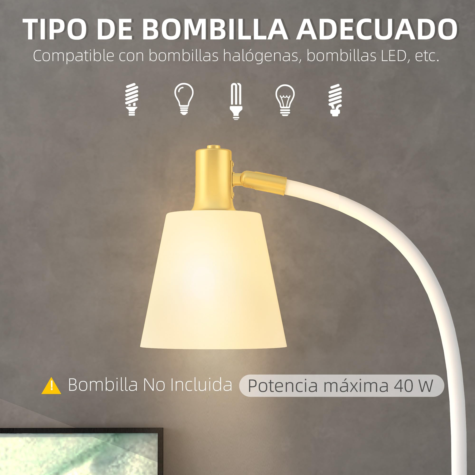 HOMCOM Lámpara de Pie LED con Altura Ajustable Pantalla Blanco y Dorado | Lámpara de Pie Salón, Interruptor Basculante, para Sala de Estar Oficina Dormitorio
