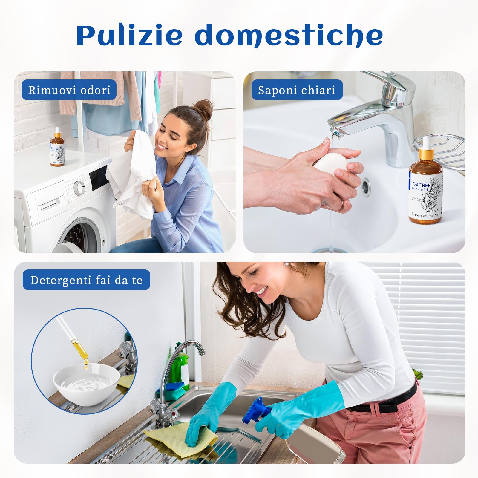 HIQILI Olio Essenziale Tea Tree 100ML, 100% Naturale, Olio Aromaterapico per Viso, Candele, Diffusore, Pelle e Capelli - 3.38 Fl Oz