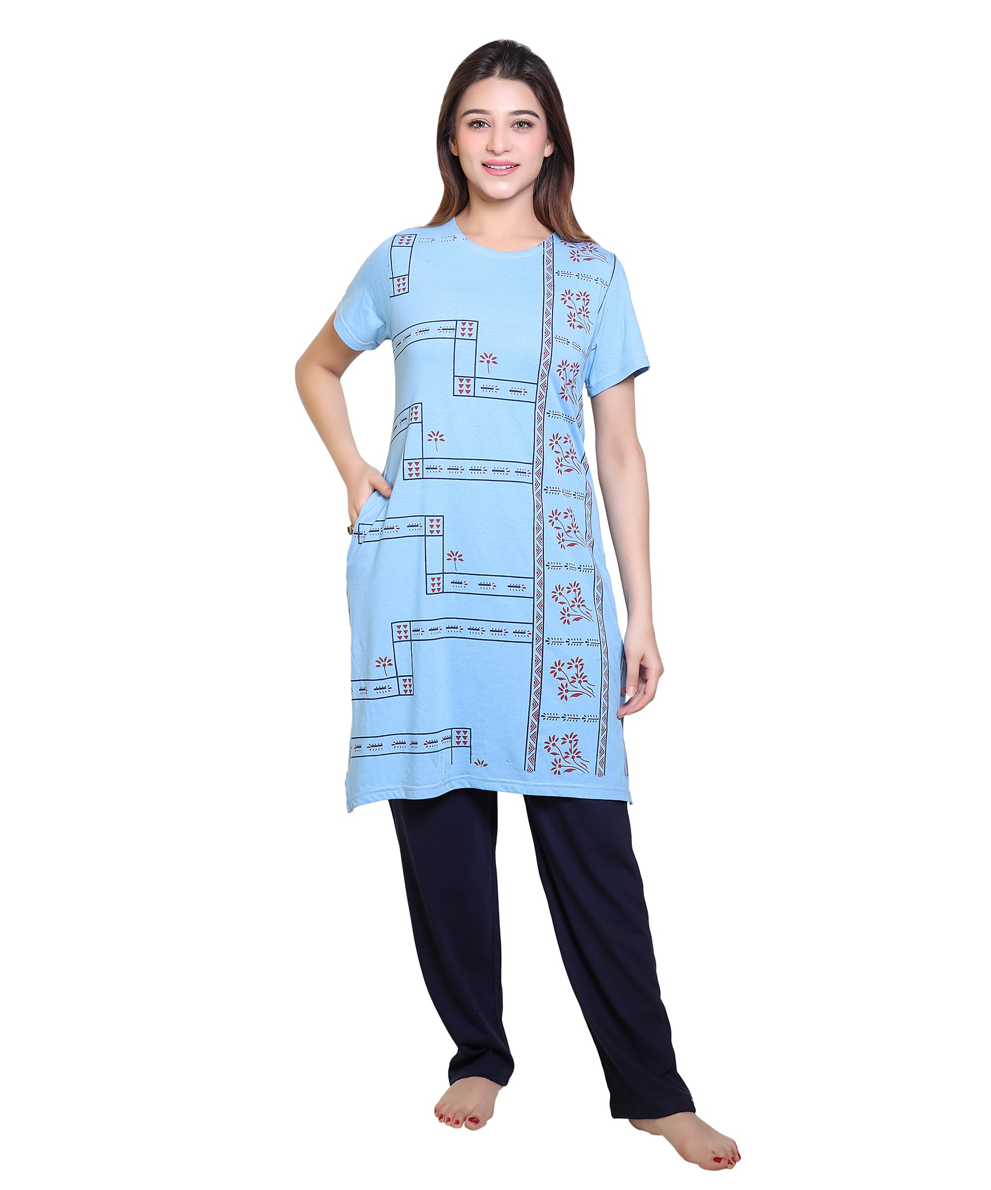 grand line Women's Cotton Printed Half Sleeves Kurta and Pyjama with Pocket Night Suit Set with Diffrent Colours & Elegant Design P7-picture-22