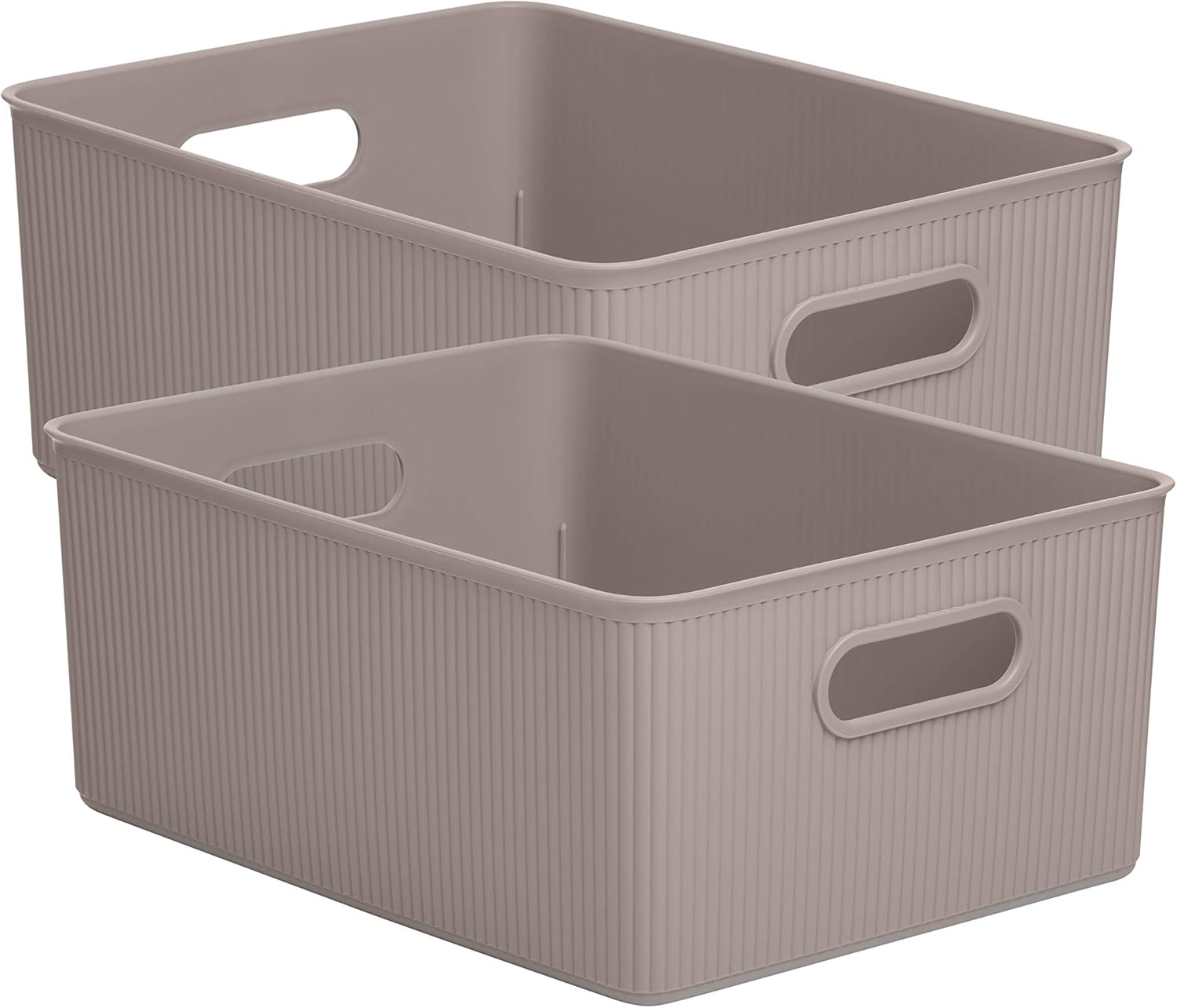 Decorative Plastic Basket Open Home Storage Bins Organizer, Large Taupe (2 Pack) Container Boxes for Organizing Closet Storage Bins for Shelves Drawer Shelf - Ribbed Collection 15 Liter/16 Quart
