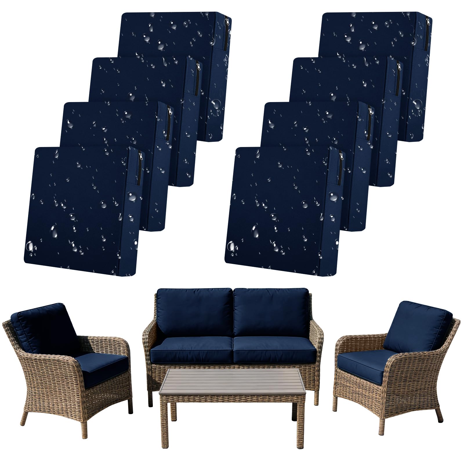 SYLC 8Pcs Outdoor Cushion Covers Waterproof Patio Cushion Covers Replacement with Zipper, Garden Rattan Sofa Seat Slipcovers Furniture Protector (Navy blue,8pcs 50×45×10cm)