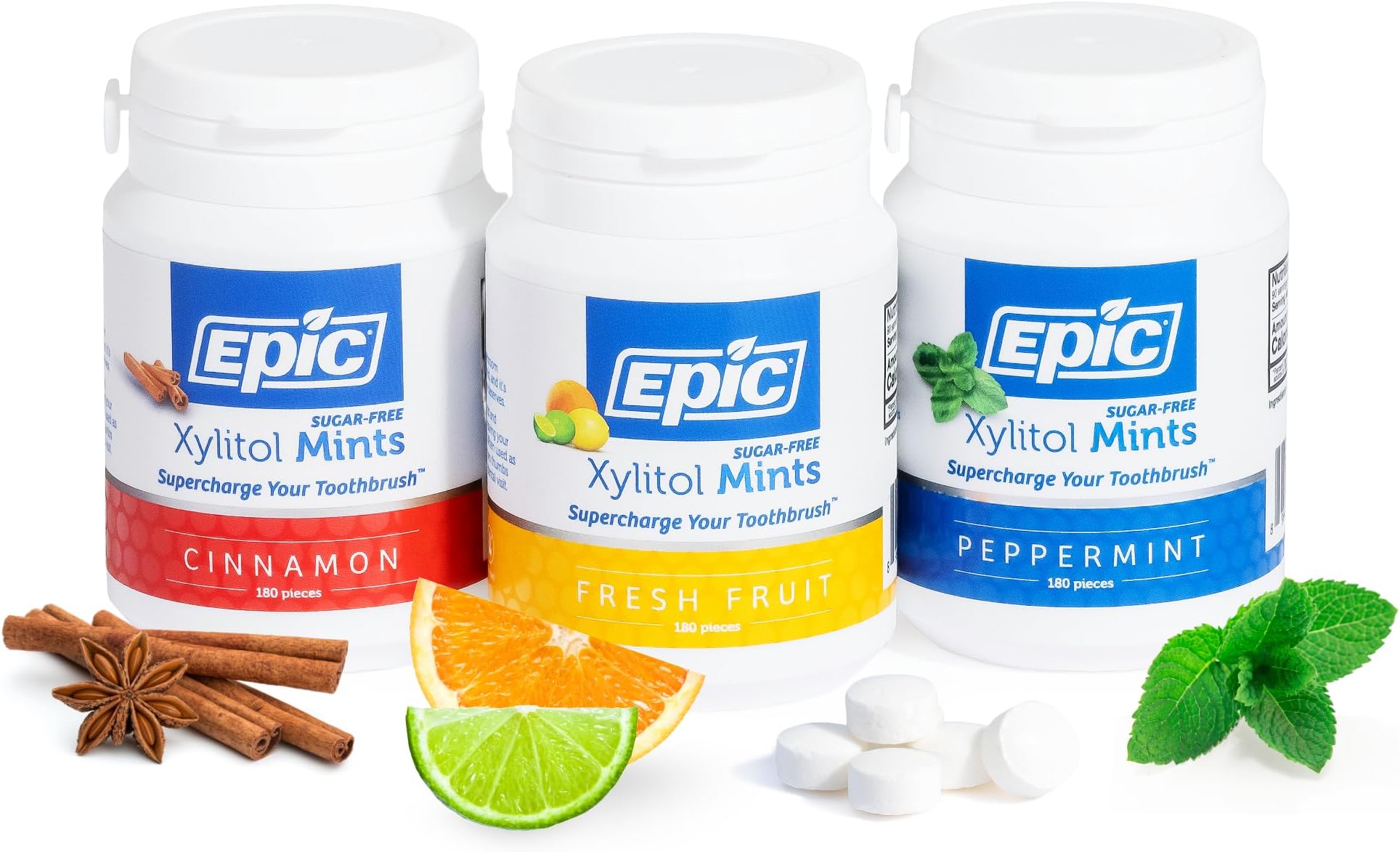 Epic 100% Xylitol Mints - Sugar Free Peppermint, Fresh Fruit, Cinnamon Breath Mints Variety Pack - Aspartame Free, Dry Mouth Relief, Freshens Bad Breath - 180 Pieces (Pack of 3)