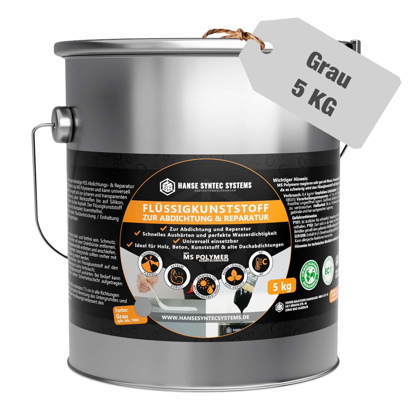 HSS Flüssigkunststoff 5Kg Grau - Abdichtung & Reparatur | Wasserabdichtung. Im Innen- und Außenbereich einsetzbar. MS-Technologie. Witterungsbeständig.