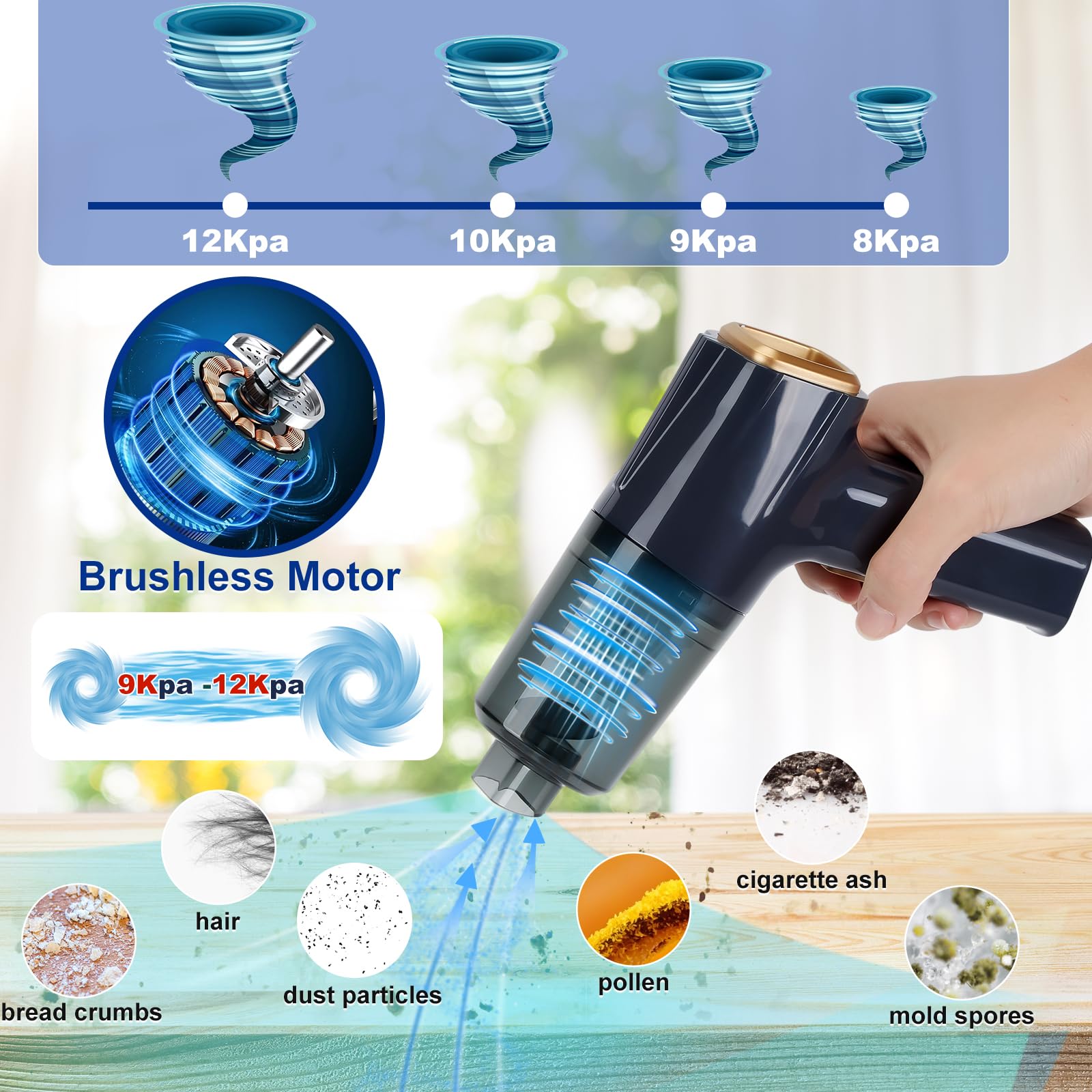 WADEO 12000PA Aspirapolvere Portatile con Motore Brushless e Ultra Aspirazione, Aspirapolvere per Auto Aggiornato con Luce LED, Mini Aspirapolvere Senza Fili 3 in 1 Power Bank per Auto, Casa, Tipo C