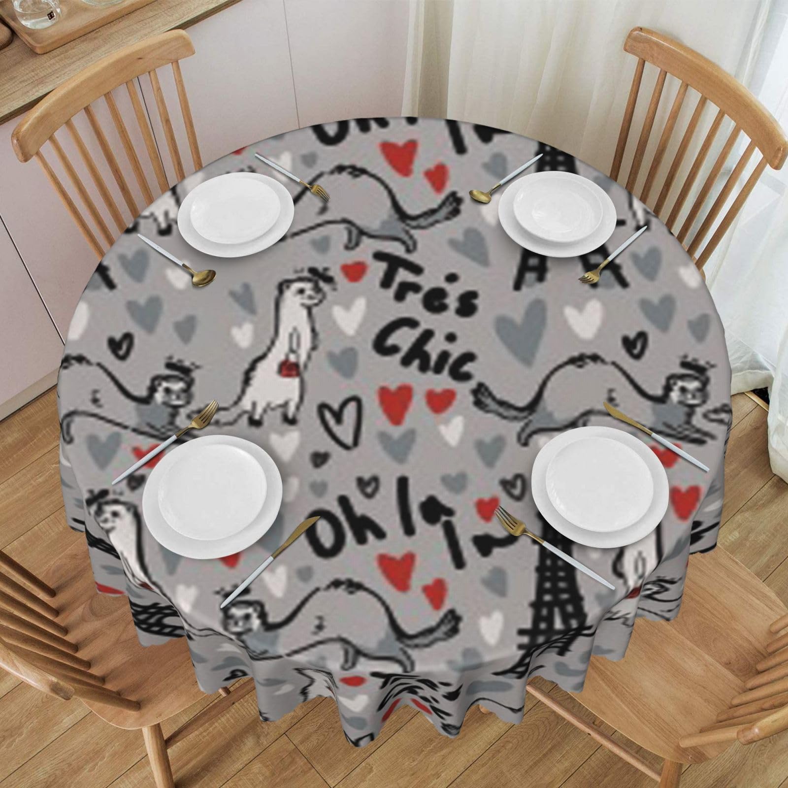 DCEHGEW 60 In Round Tablecloth with Lace, French Fashion Model Ferrets Printed Oilproof & Washable Fabric Picnic Table Cloth Table Covers
