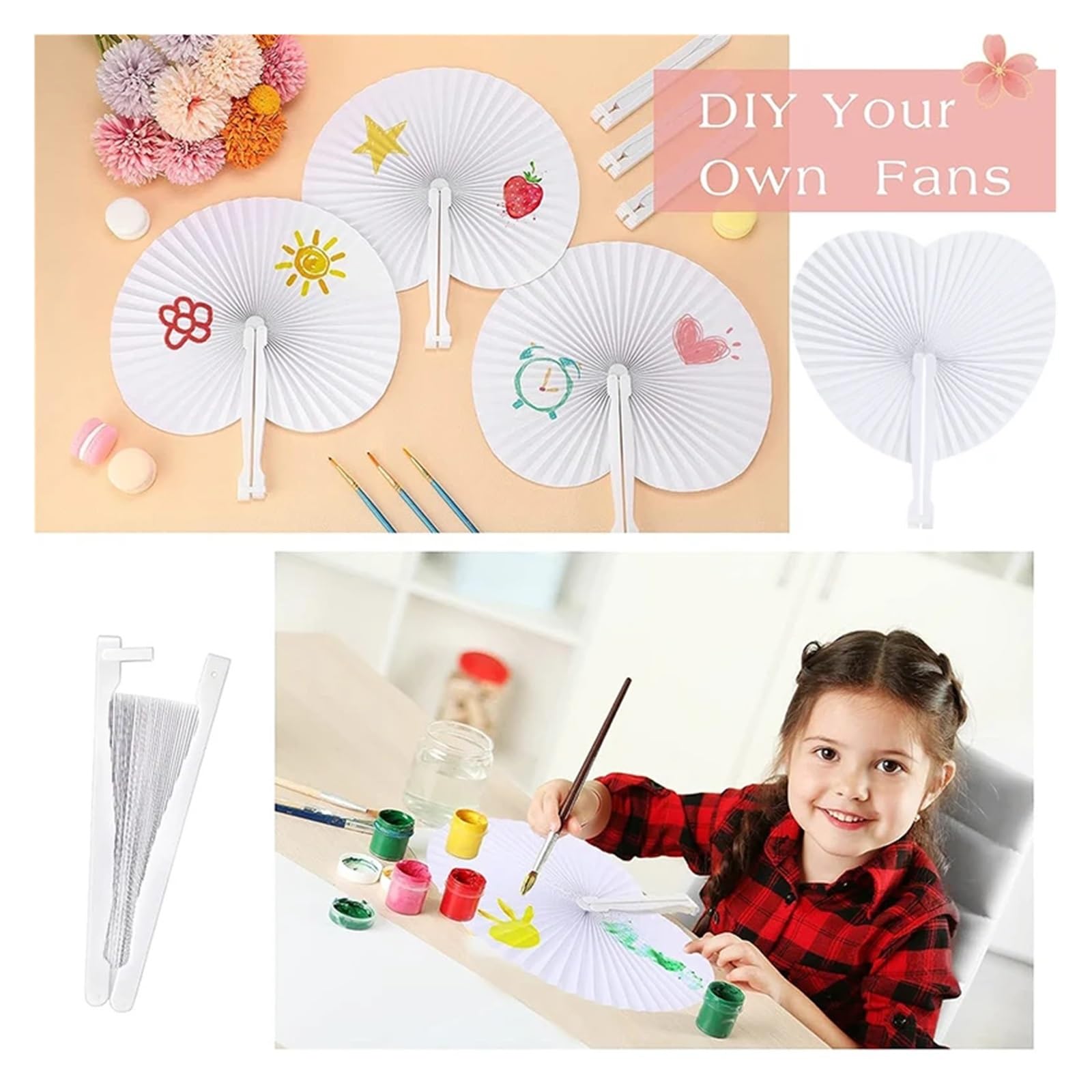 Papier FaltfäCher 15/30/50cs Herzform Runder Faltfächer Blanko Papier Handfächer mit Kunststoffgriffen DIY Malerei Geburtstag Hochzeit Party Dekor(Circular,50Pcs)