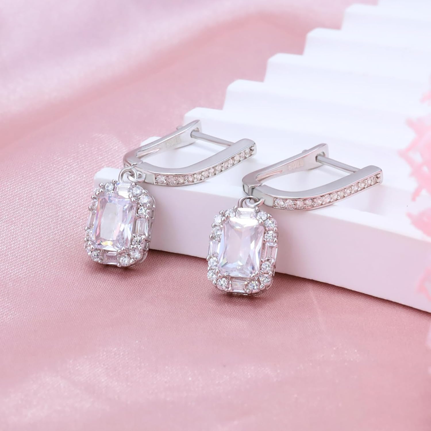 Dangle Hoop Earrings with Square Cz Charm Sterling Silver Princess Cut Cubic Zirconia Bridal Halo Dangle Earrings Wedding Sparkling Crystal Jewelry for Women Mother's Day Gifts for Mom Daughter - Image 3