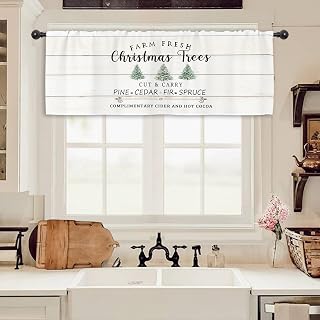 Miyotaa Christmas Tree Rustic Kitchen Curtain Valance 54W x 18H Rod Pocket Wooden Farmhouse Winter Xmas Country Pine Fir Window Treatment for Living Room Bedroom Bathroom