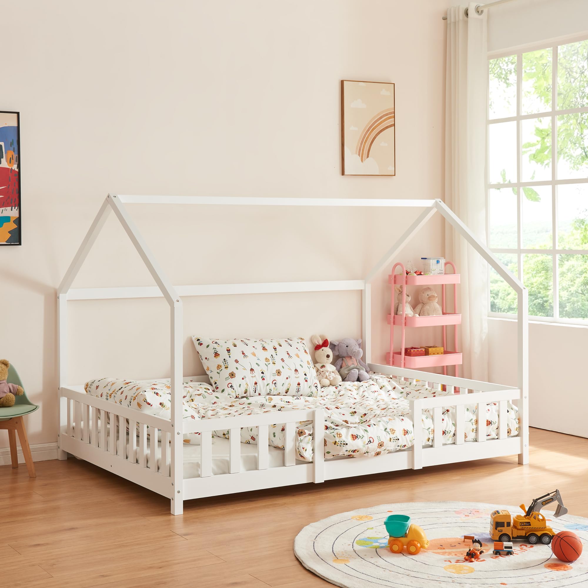 [en.​casa] Lit Cabane Lit Enfant en Forme de Maison avec Sommier à Lattes avec Grille de Protection Confortable Capacité de Charge 150 kg Bois de Pin Contreplaqué 120 x 200 cm Blanc
