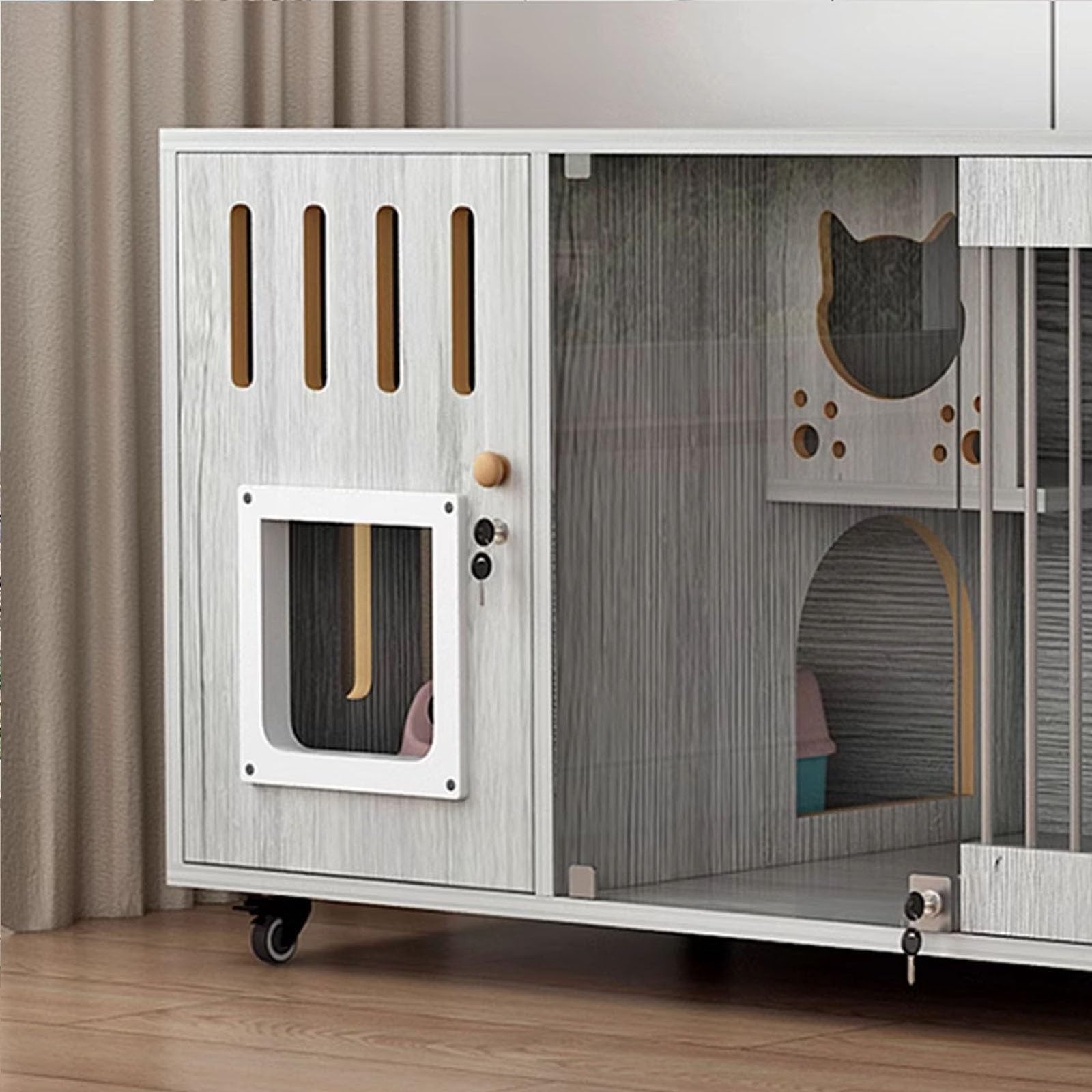 猫 新品 ケージ 木製 新品 キャットケージ 木製、多機能キャットハウス、木製の大型キャットヴィラ、車輪付き、木製キャット Amazon | 木製キャットハウス、車輪付き、屋内用大型キャット