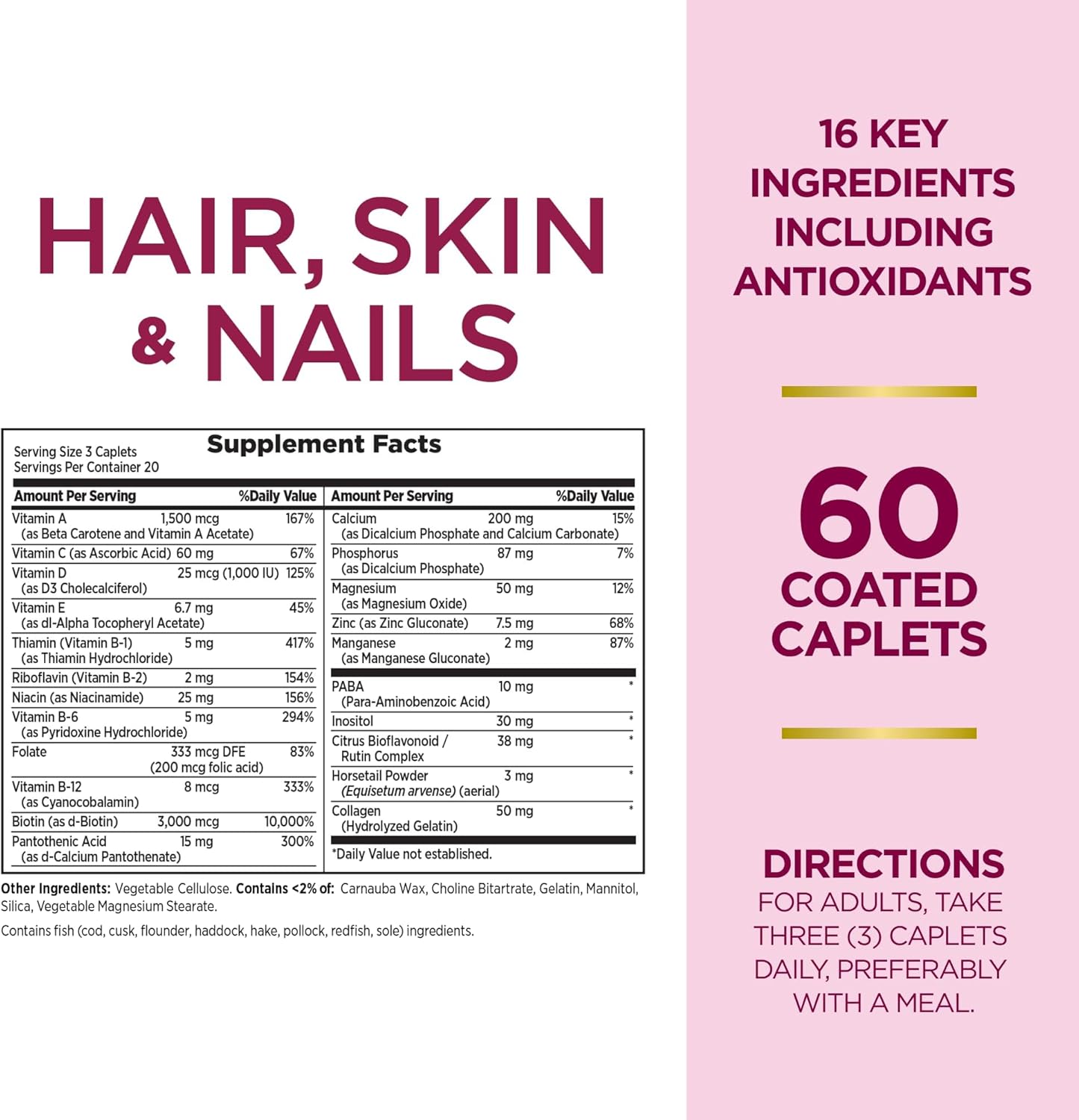 Nature's Bounty Optimal Solutions Hair, Skin & Nails Formula, with 3,000 mcg Biotin, 60 Count (Pack of 3)