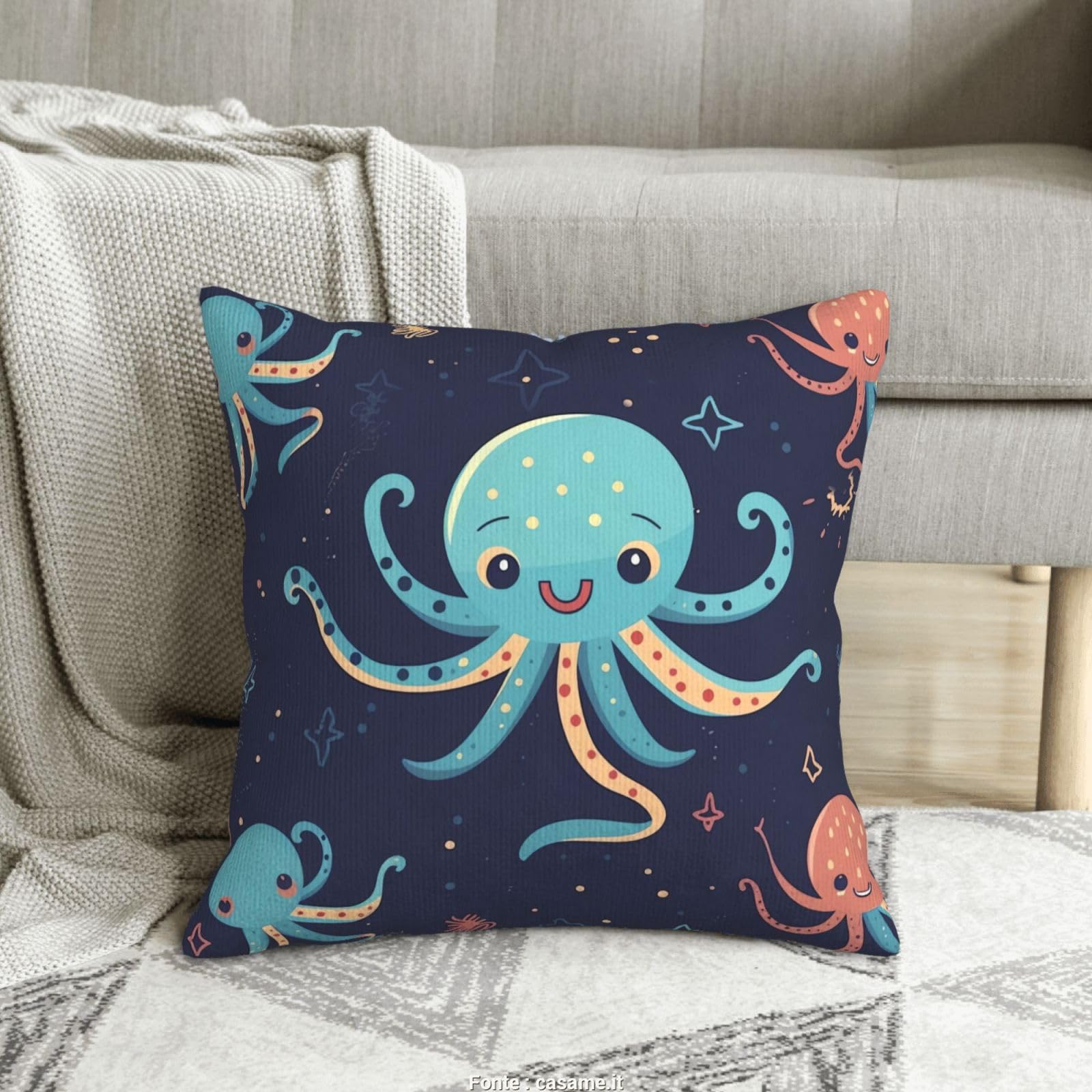 Housses de coussin velours côtelé douces et lavables lot de 2 carrées motif pieuvre dessin animé