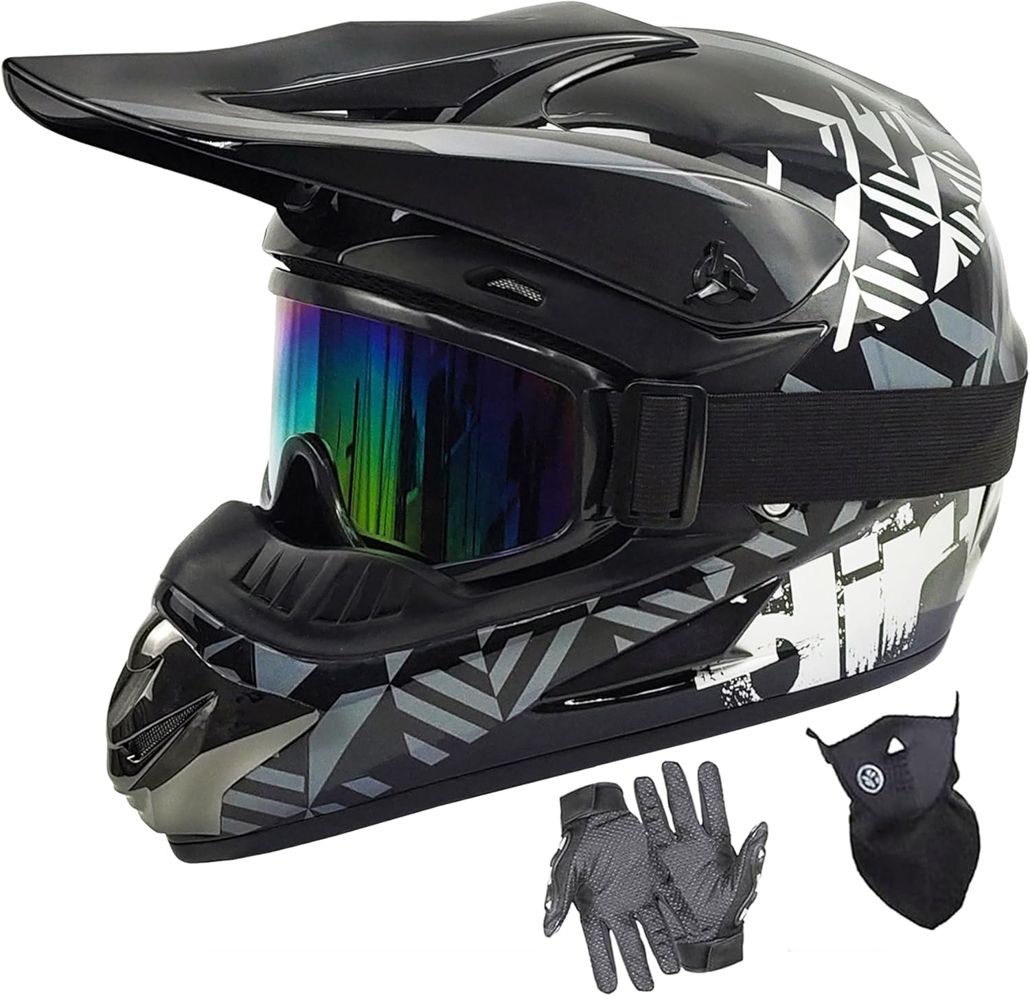 Youth Dirt Bike Helmets DOT Approved Fashion Kids Motocross, ATV, Off-Road, Four Wheelers, BMX Motorcycle Bike Helmets (Goggles Gloves Faceshield) Grey Medium