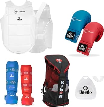 DAEDO Karate Protector Set Pro WKF Approved with Gloves Chest Guard Shin Guards Mouth Guard Bag